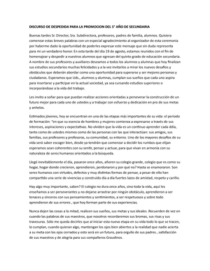 Discurso DE Despedida PARA LA Promocion DEL 5° AÑO DE Secundaria - DISCURSO  DE DESPEDIDA PARA LA - Studocu