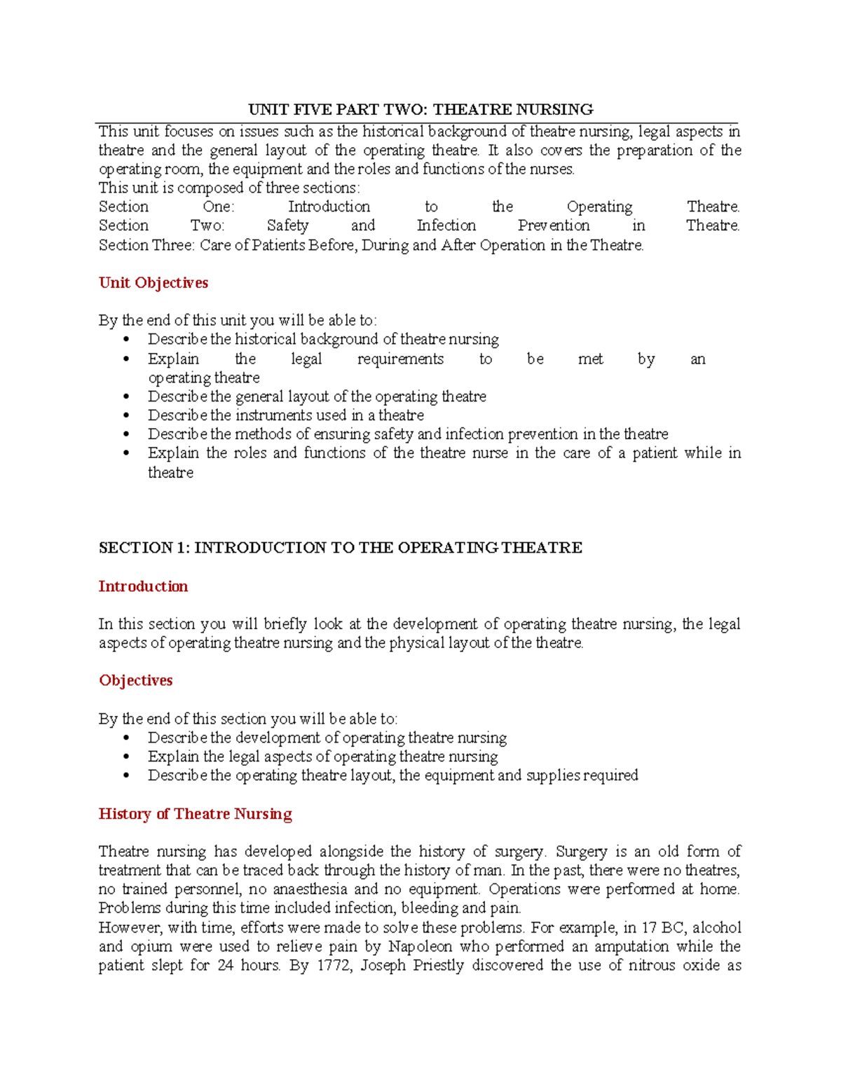 Theater Nursing - Theatre - UNIT FIVE PART TWO: THEATRE NURSING This ...