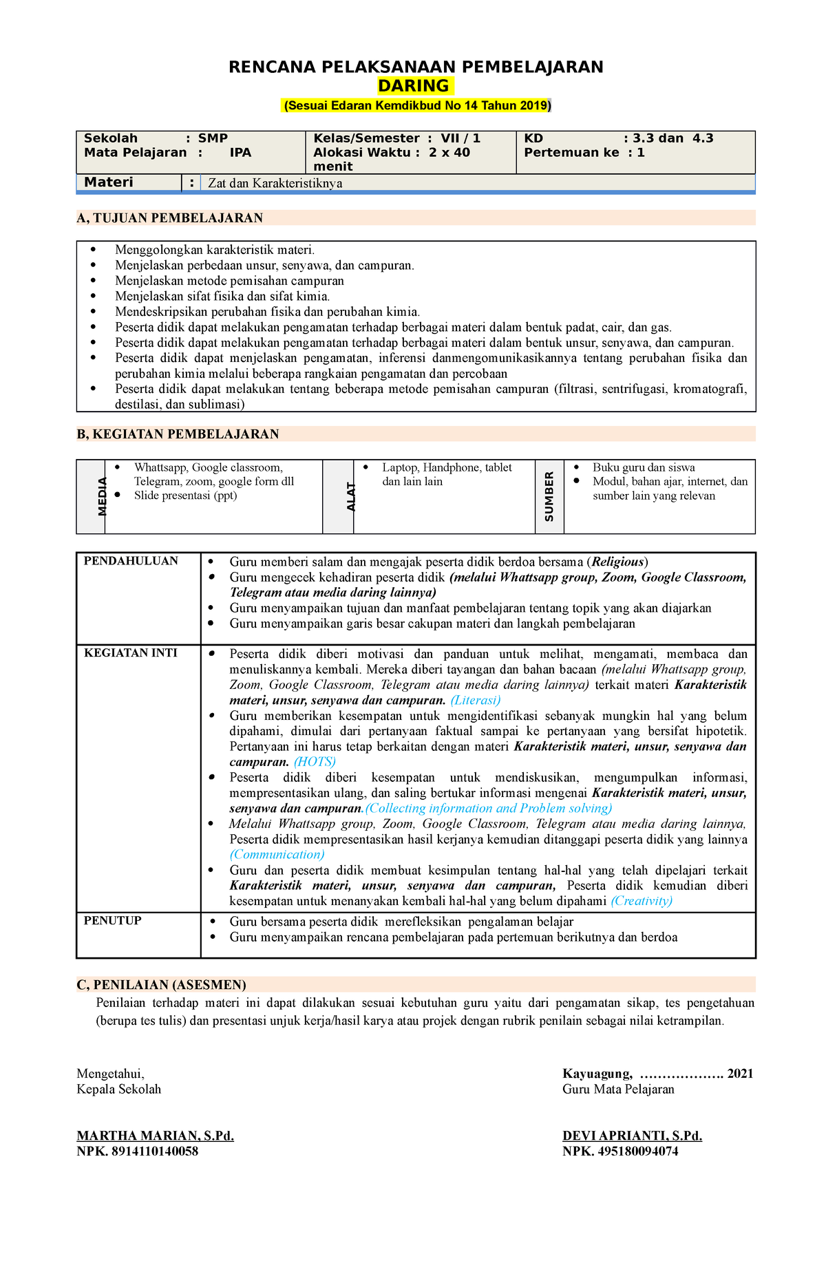 3. RPP IPA 7 Daring - Rpp - RENCANA PELAKSANAAN PEMBELAJARAN DARING ...
