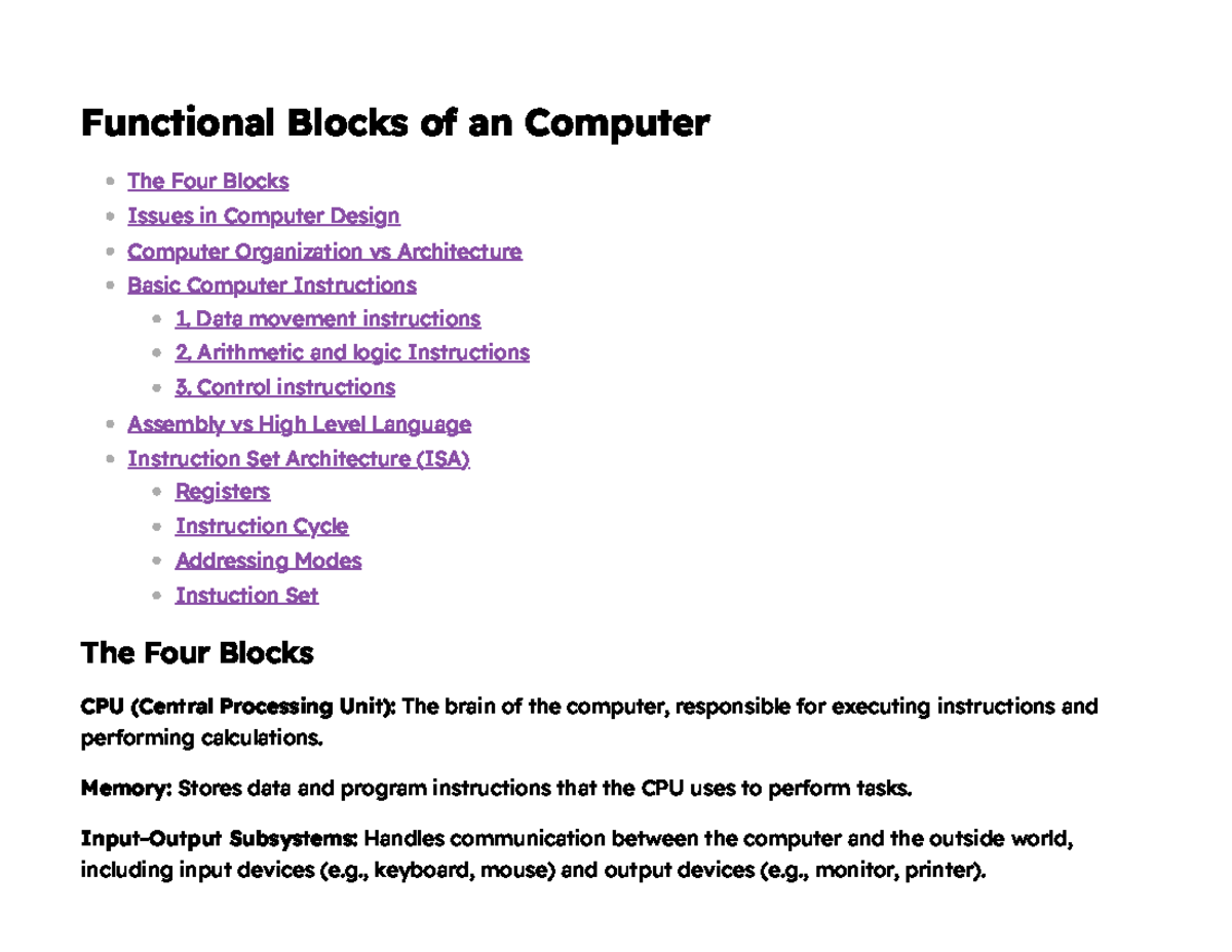 Functional Blocks of an Computer Memory Stores data and program