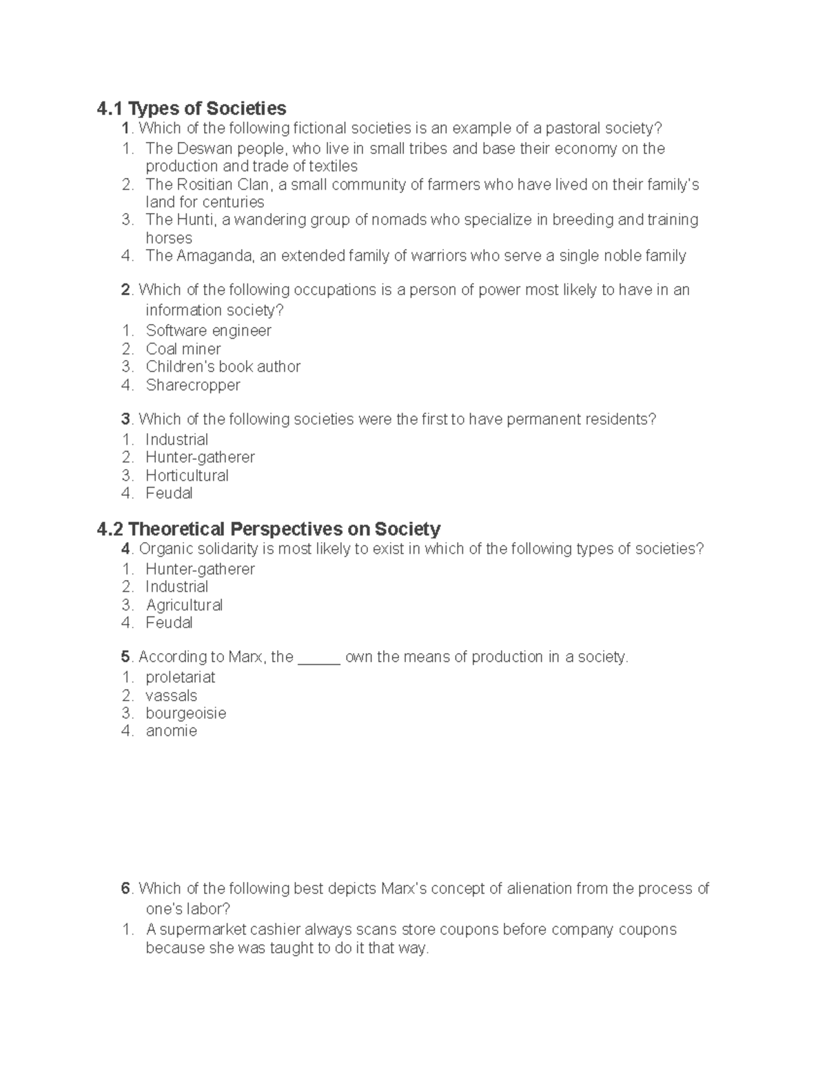 Chapter 4 Study Guide Quiz (No Answers) 4 Types of Societies Which of the following fictional