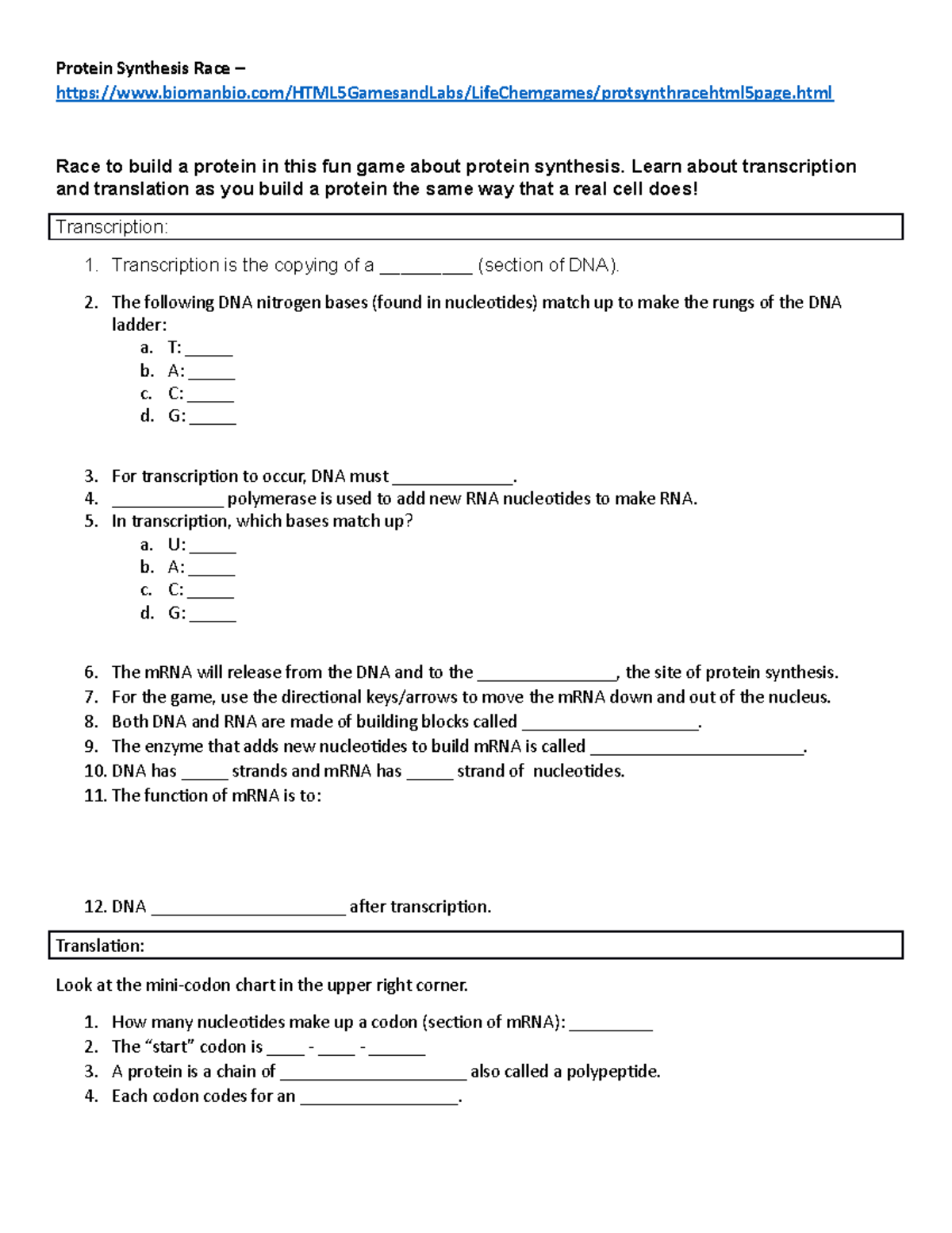 Protein Synthesis Race worksheet - BIO 220 - Studocu