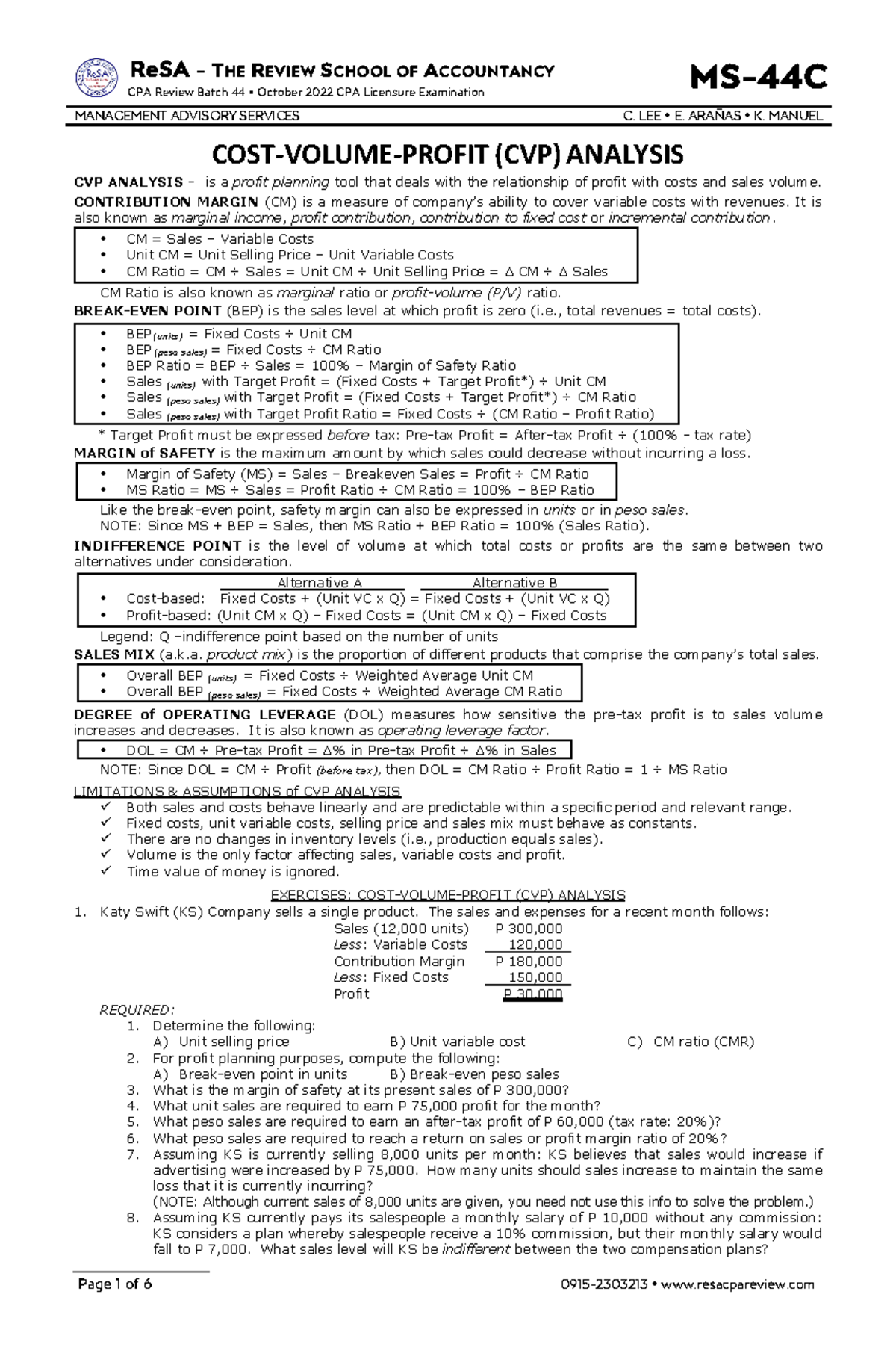 MS-44C (Cost-Volume-Profit Analysis) - ReSA - THE REVIEW SCHOOL OF ...