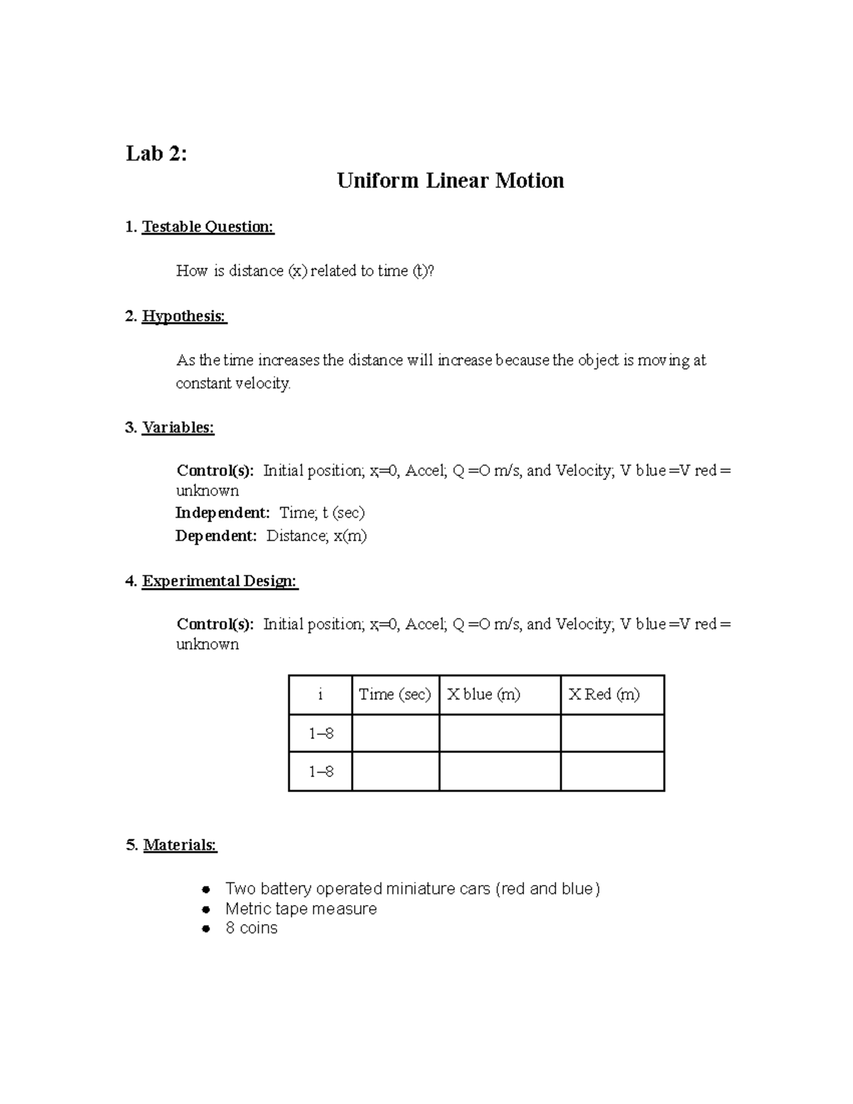 -Lab 2 Uniform linear motion - Lab 2: Uniform Linear Motion 1. Testable ...