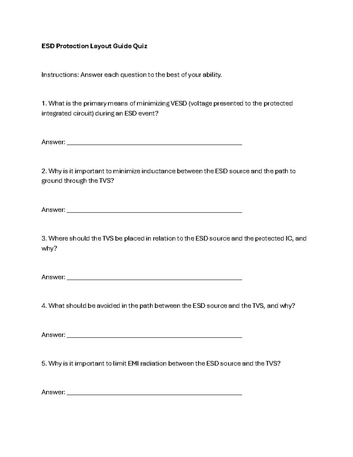 ESD Protection Quiz ESD Protection Layout Guide Quiz Instructions