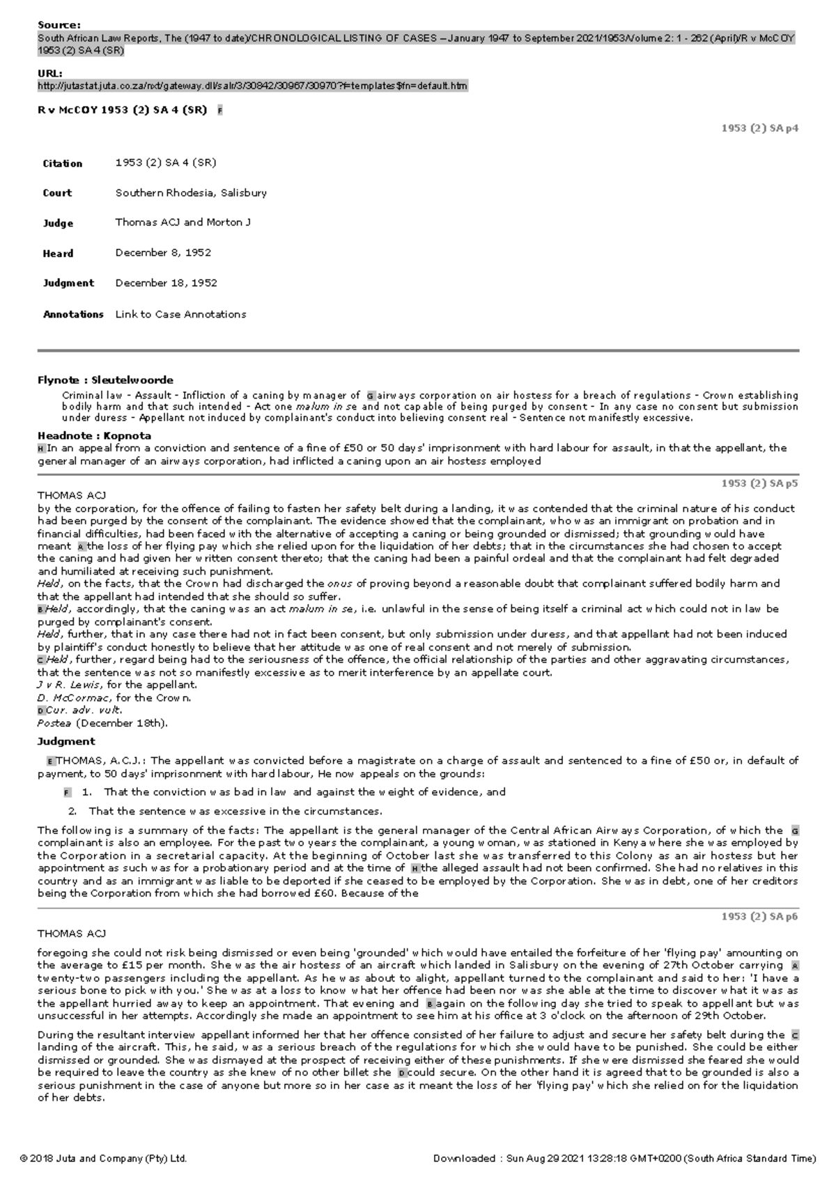 R v Mc COY 1953 (2) SA 4 (SR) - LAWS 2014 - Wits University - Studocu