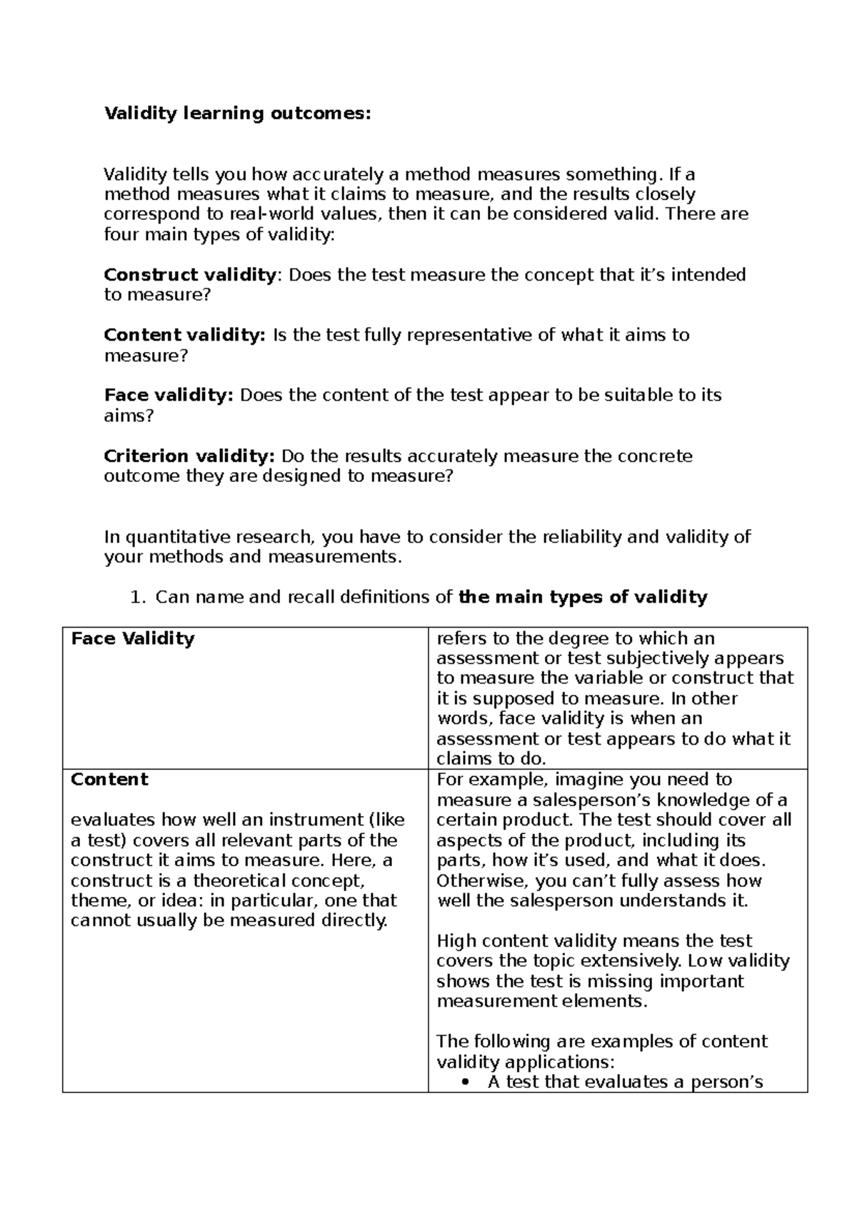 Validity Summary - Validity learning outcomes: Validity tells you how ...
