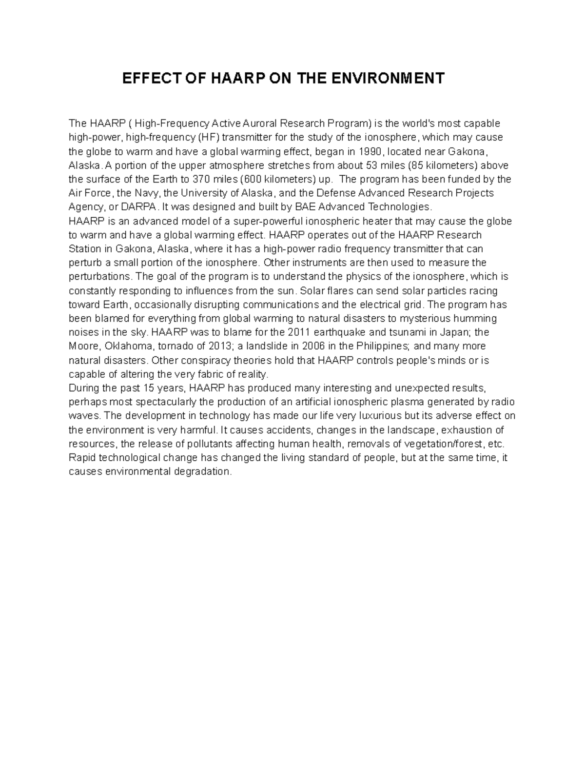 Effect Of HAARP On The Environment - EFFECT OF HAARP ON THE ENVIRONMENT ...