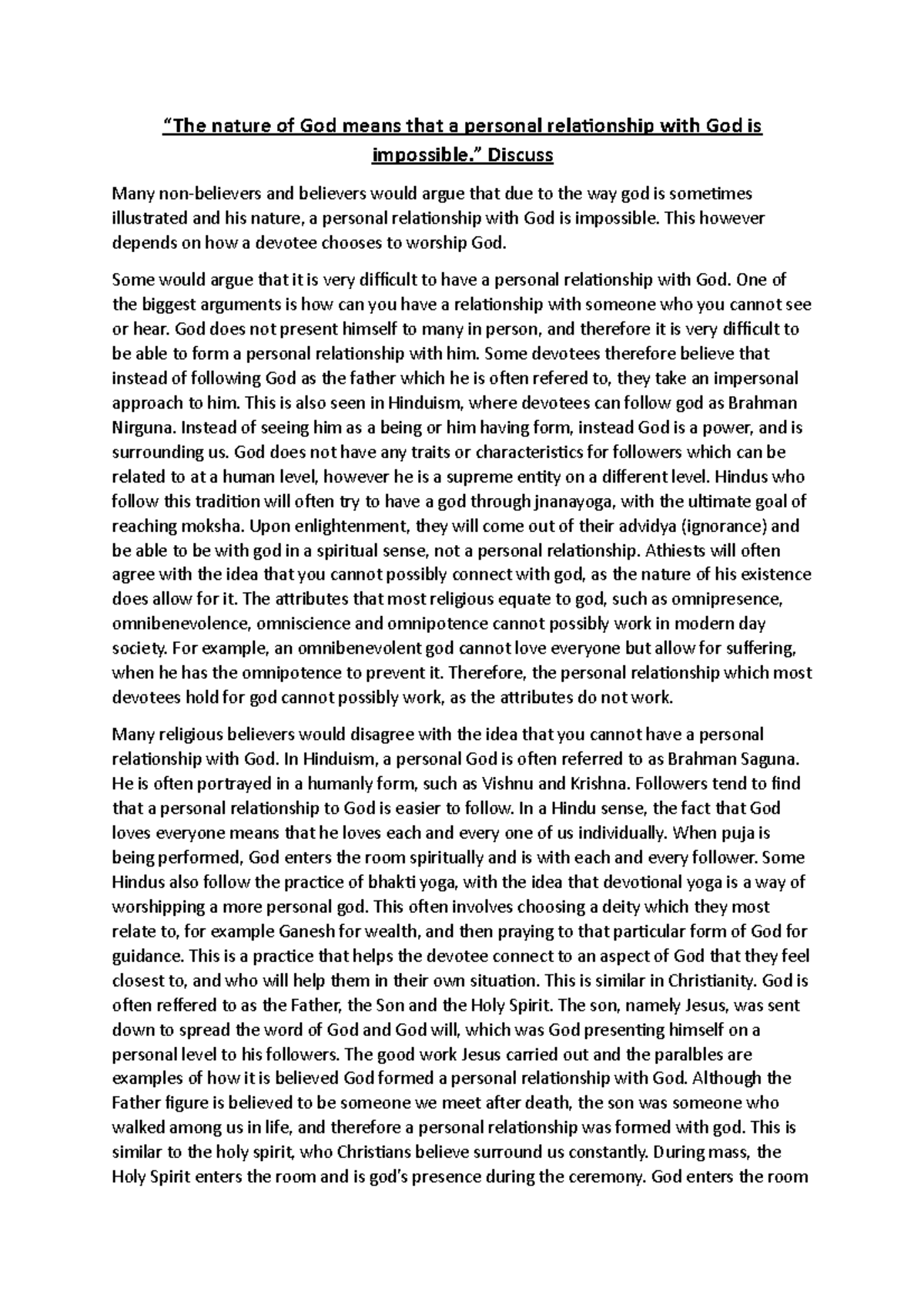 student essay about god