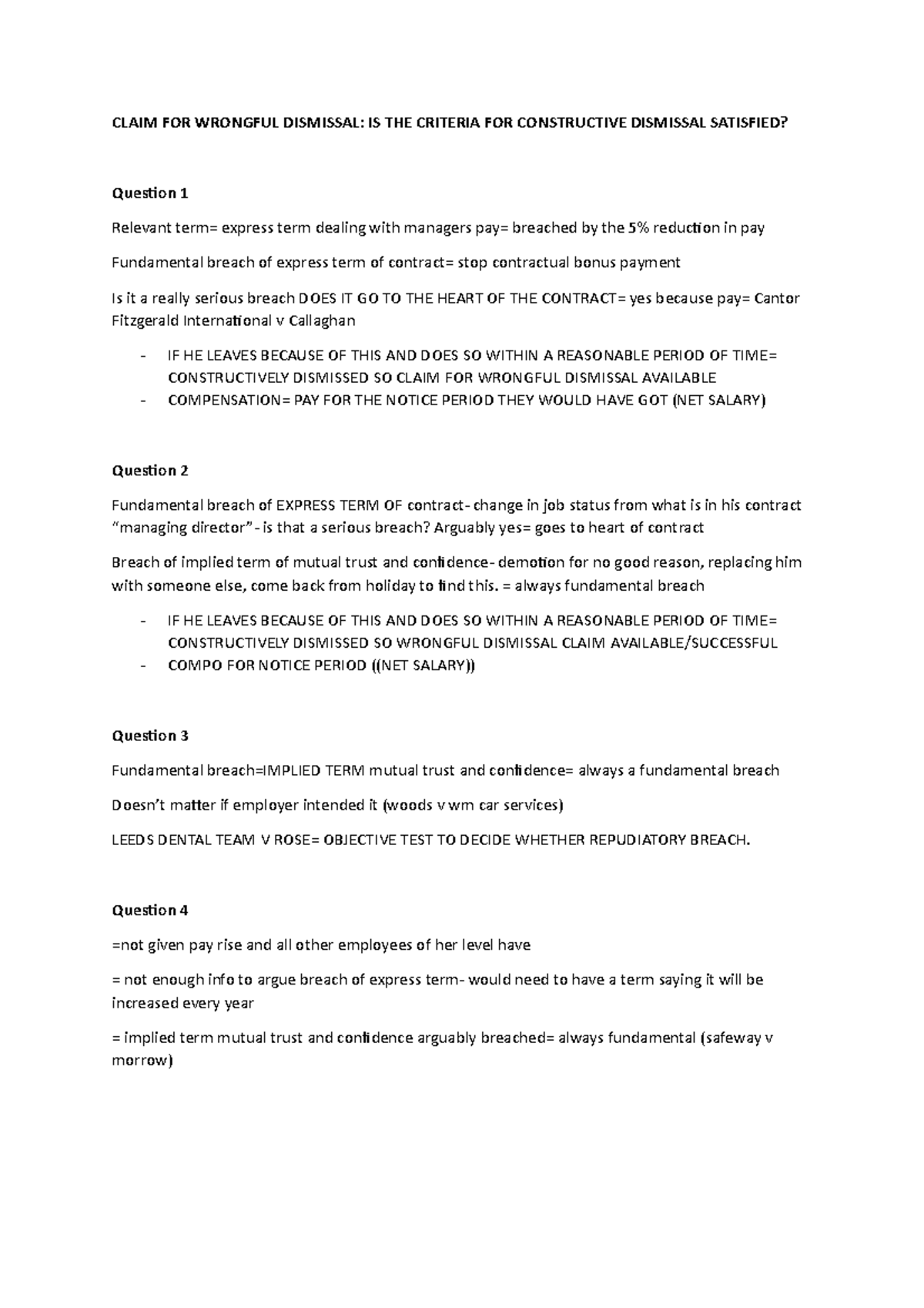 Ws4 tasks- Constructive AND Wrongful Dismissal - CLAIM FOR WRONGFUL ...