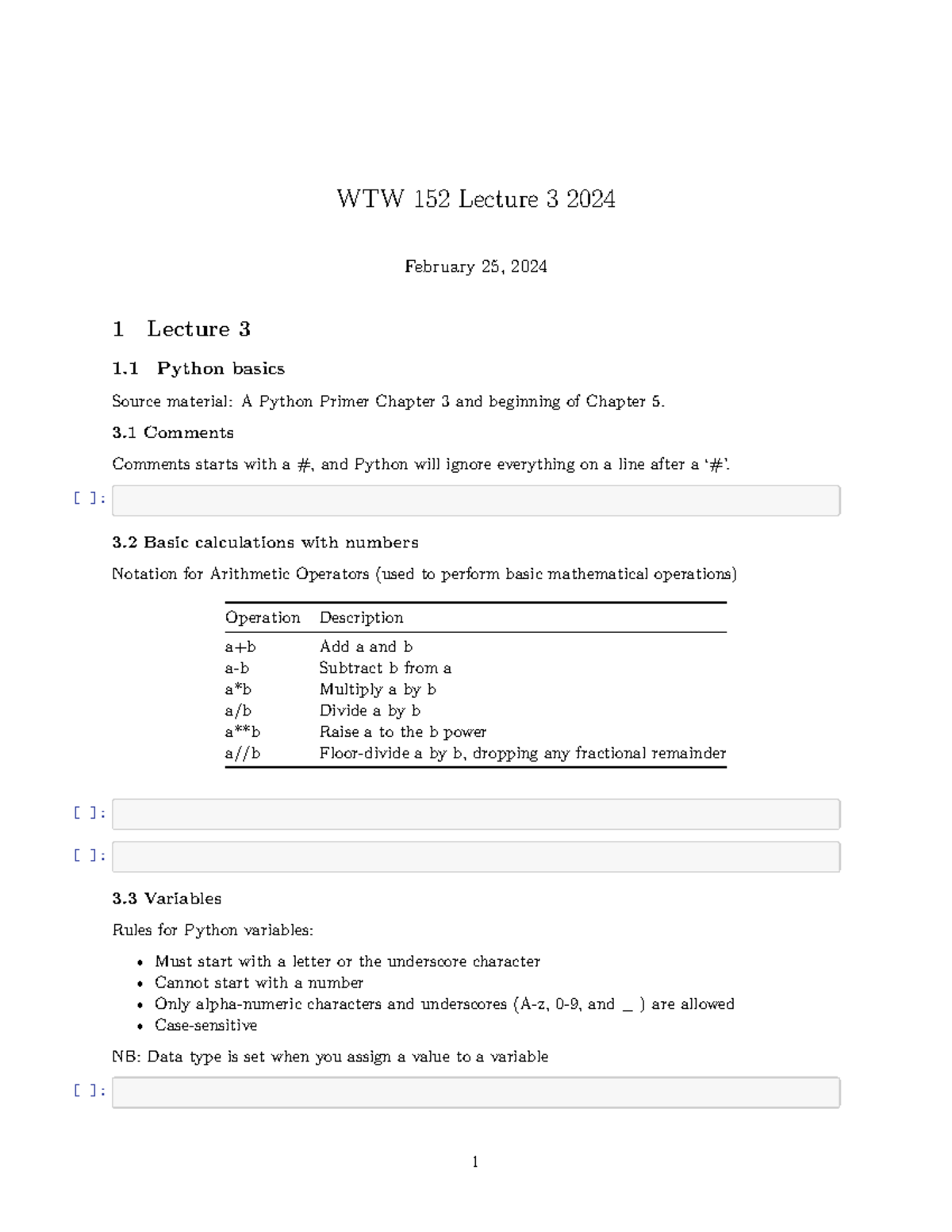 Lecture 3 Python basics - WTW 152 Lecture 3 2024 February 25, 2024 1 ...