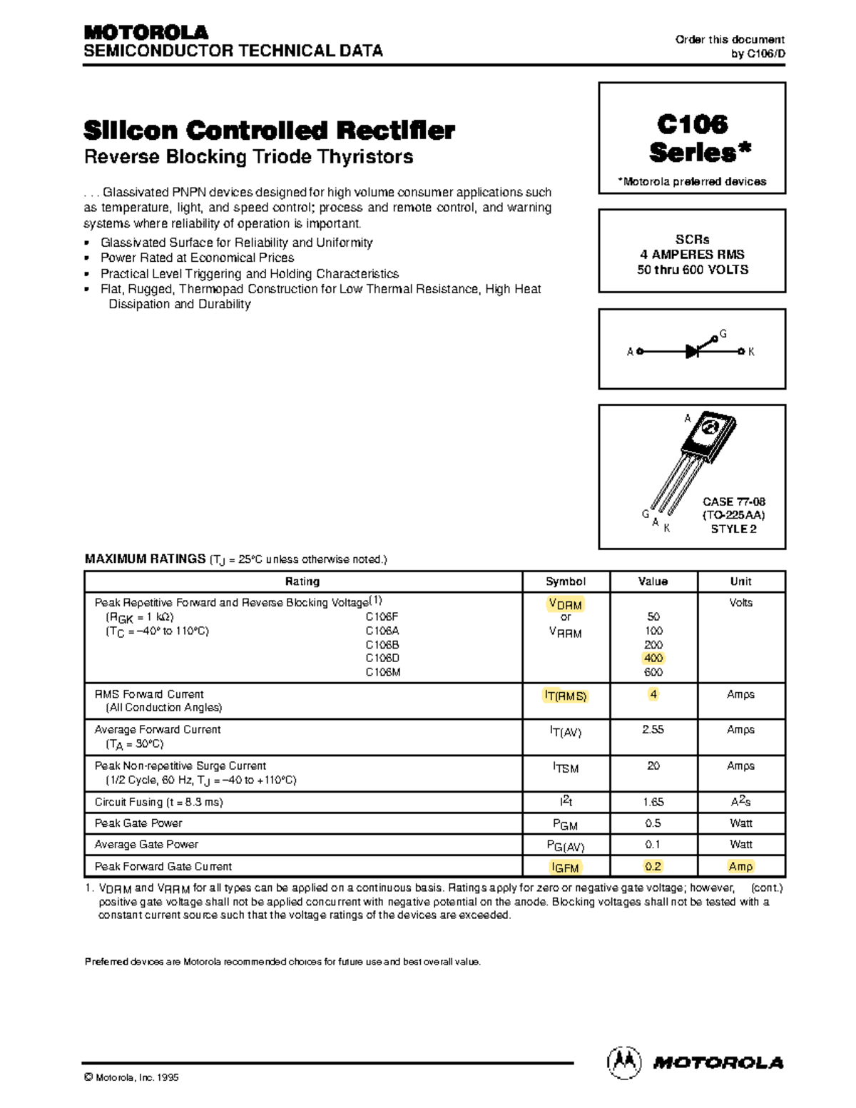 C106 datasheet SCR U1 - materia - ####### Motorola Thyristor Device ...