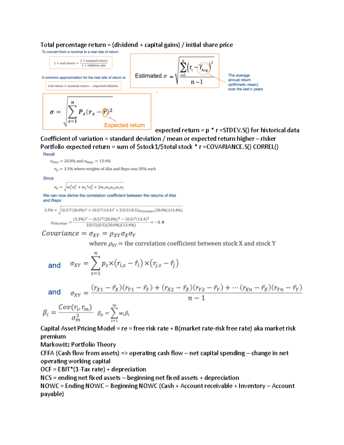 FIN Cheat Sheet - Total percentage return = (dividend + capital gains ...