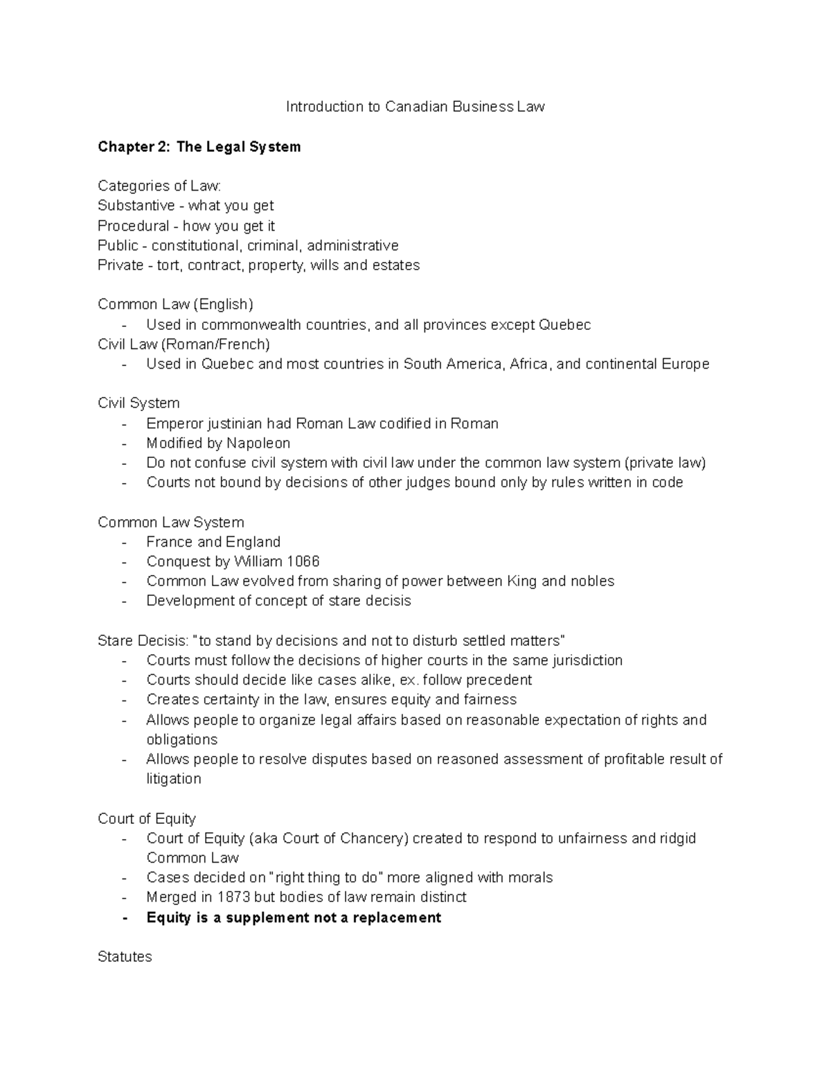 Introduction to Canadian Business Law - follow precedent - Creates ...