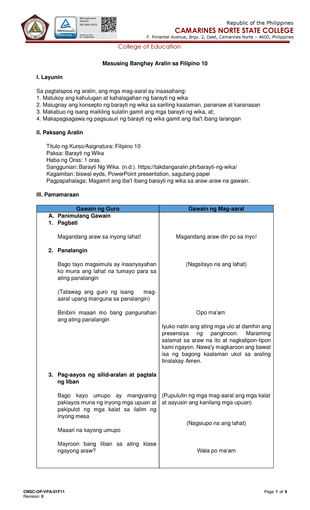 DLP FILIPINO MAJI=OR - CNSC-OP-VPA-01F11 Page 1 of 9 CAMARINES NORTE ...