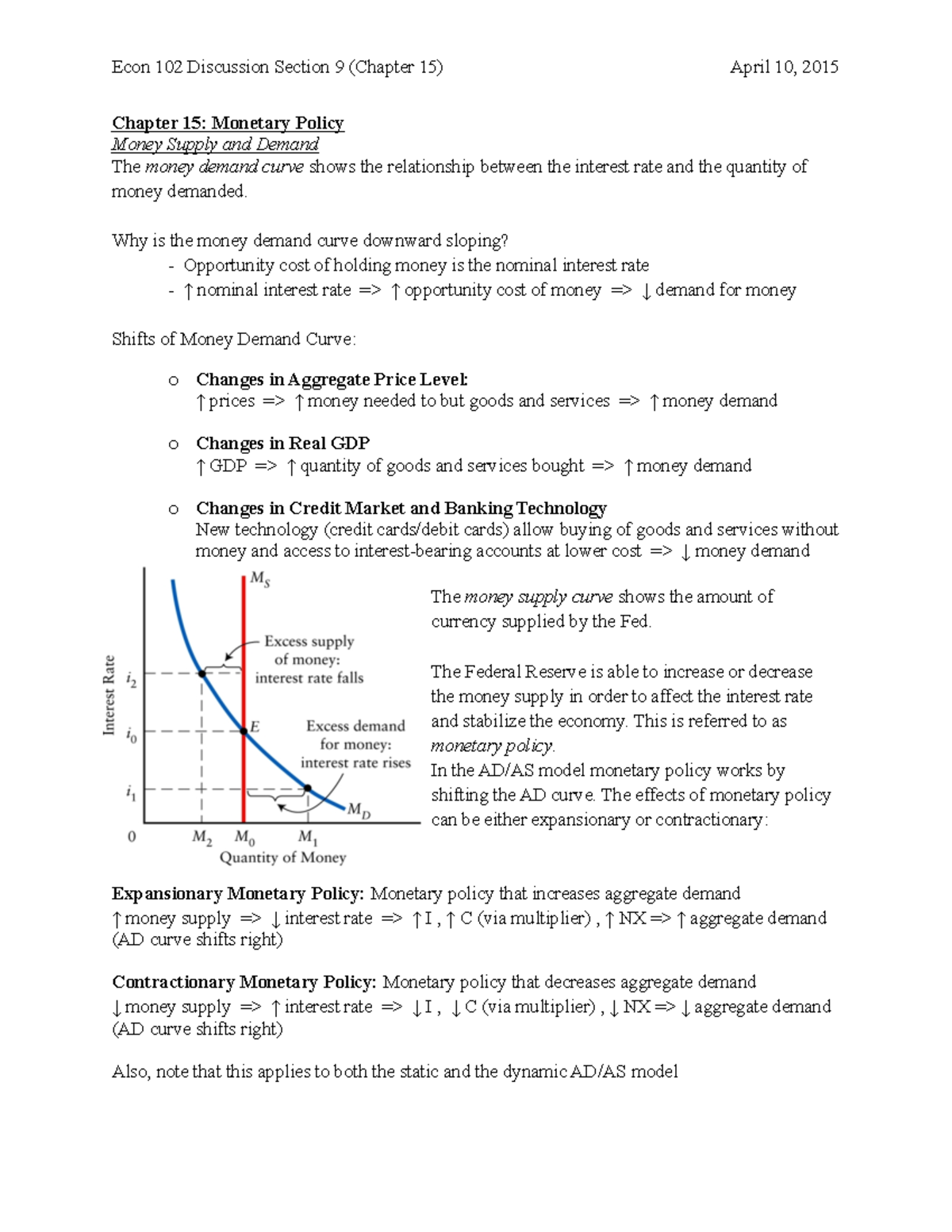 Money demand and supply - Chapter 15: Monetary Policy Money Supply and ...