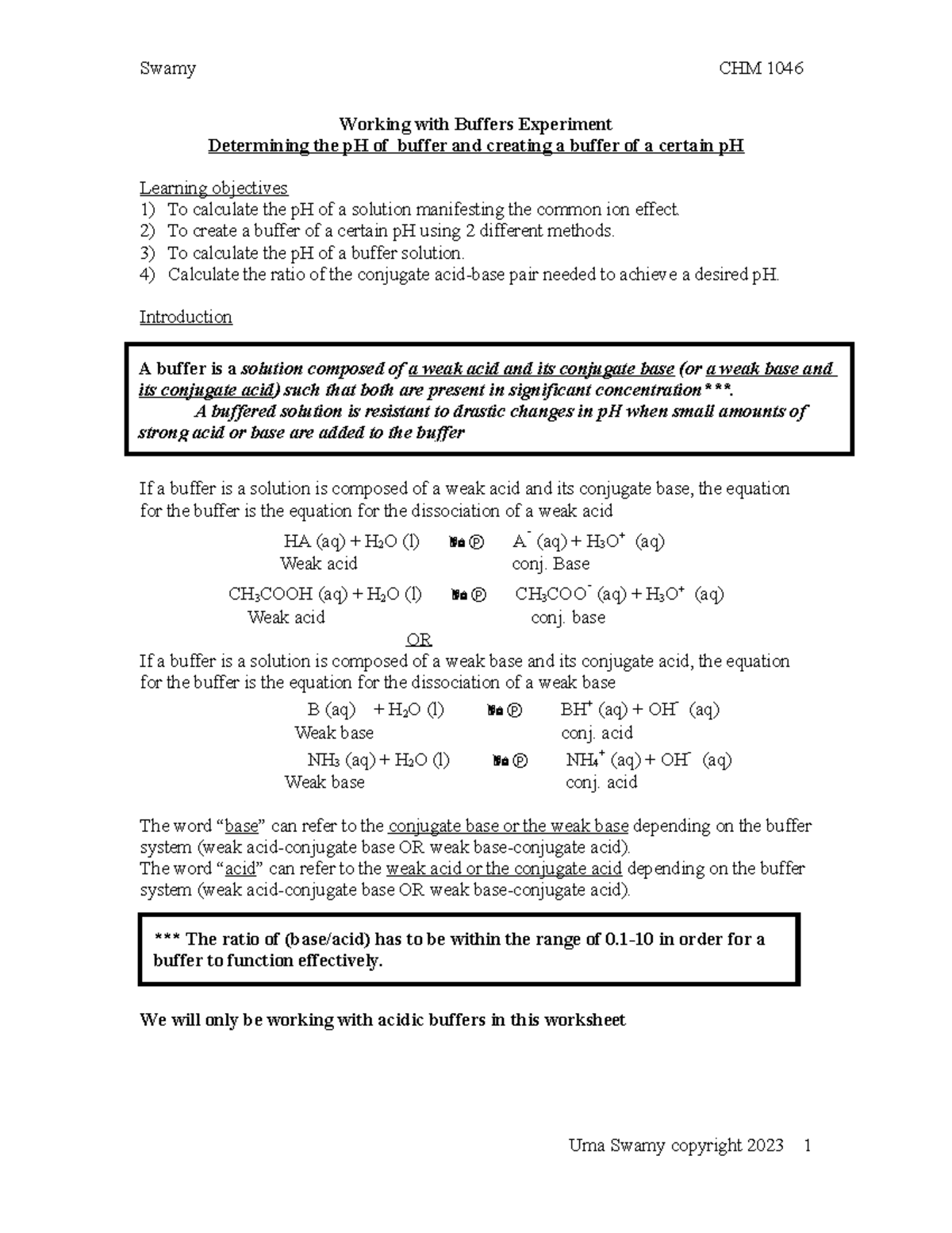 Buffers Worksheet Working with Buffers Experiment Determining the pH