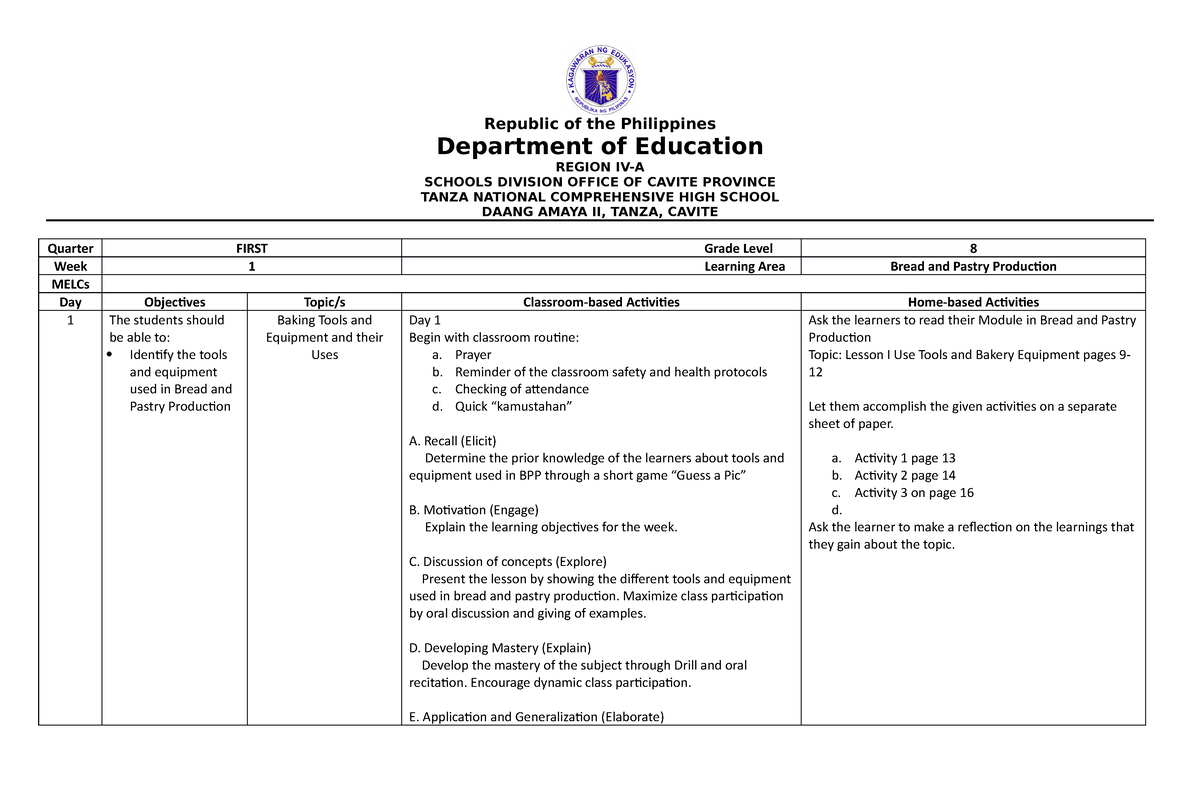 Week 1 Tools And Equipment - Republic Of The Philippines Department Of 