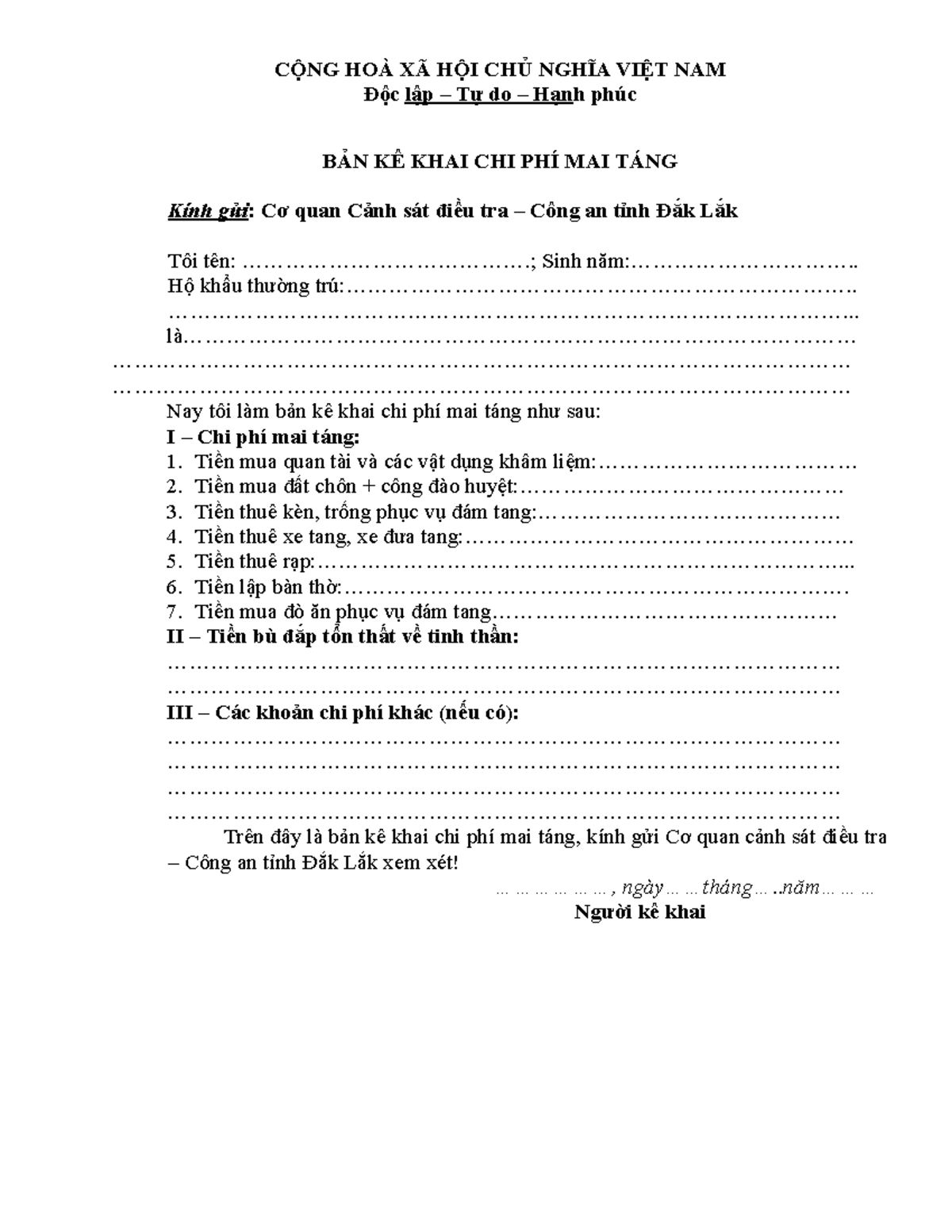 BAN KE KHAI CHI PHI MAI TANG CỘNG HOÀ XÃ HỘI CHỦ NGHĨA VIỆT NAM Độc lập Tự do Hạnh phúc