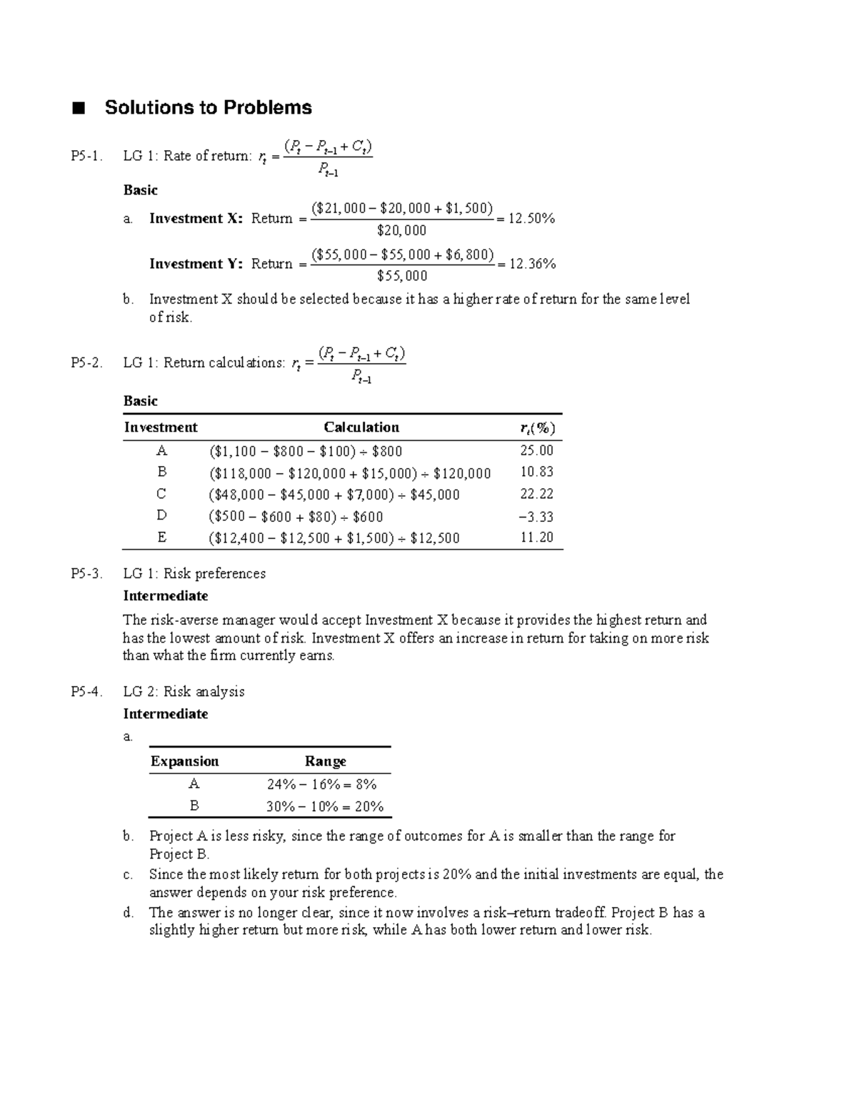 Gitman IM ch05 - Solutions to Problems P5-1. LG 1: Rate of return: − − ...