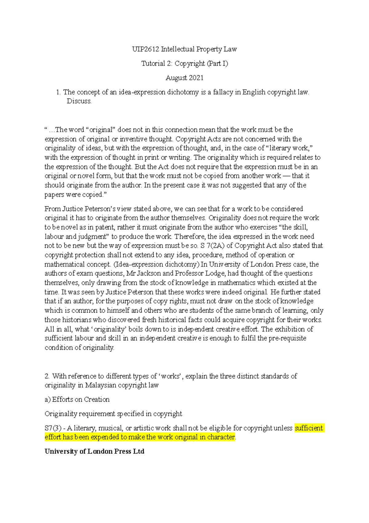 Tutorial 2 Intellectual Property Law - MMU - Studocu