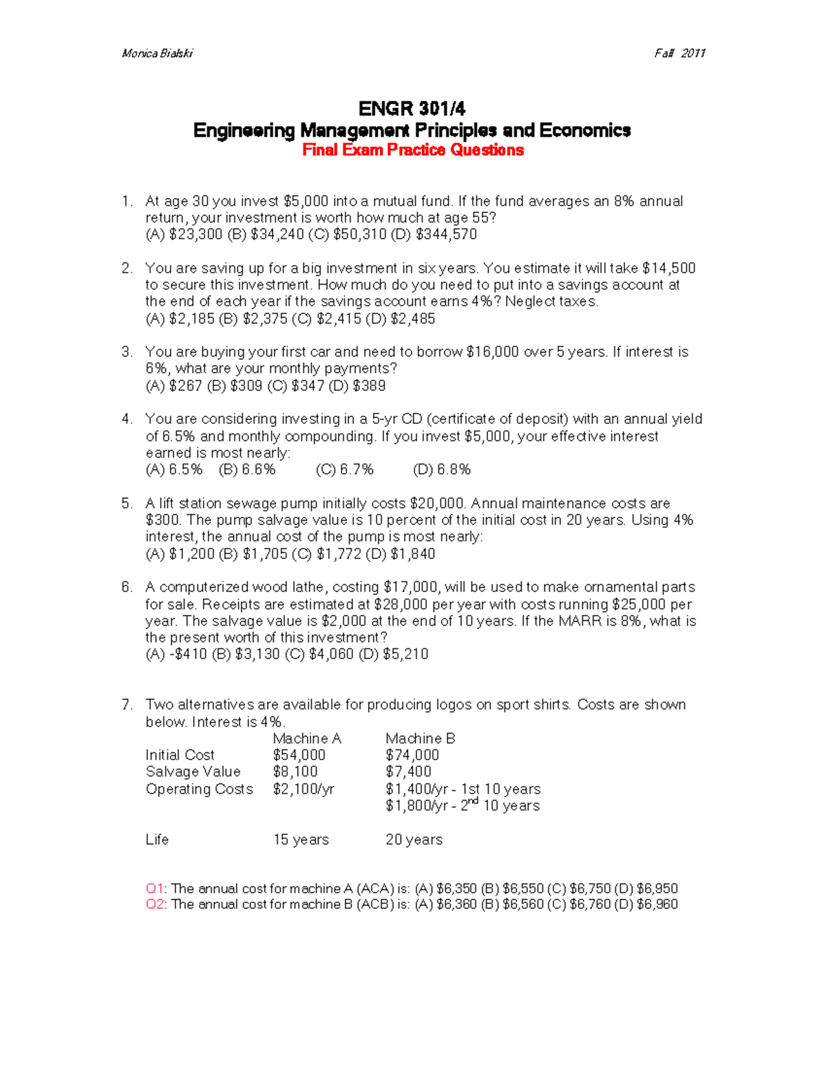 ENGR 301 Practice Questions - Monica Bialski Fall 2011 ENGR 301 ...