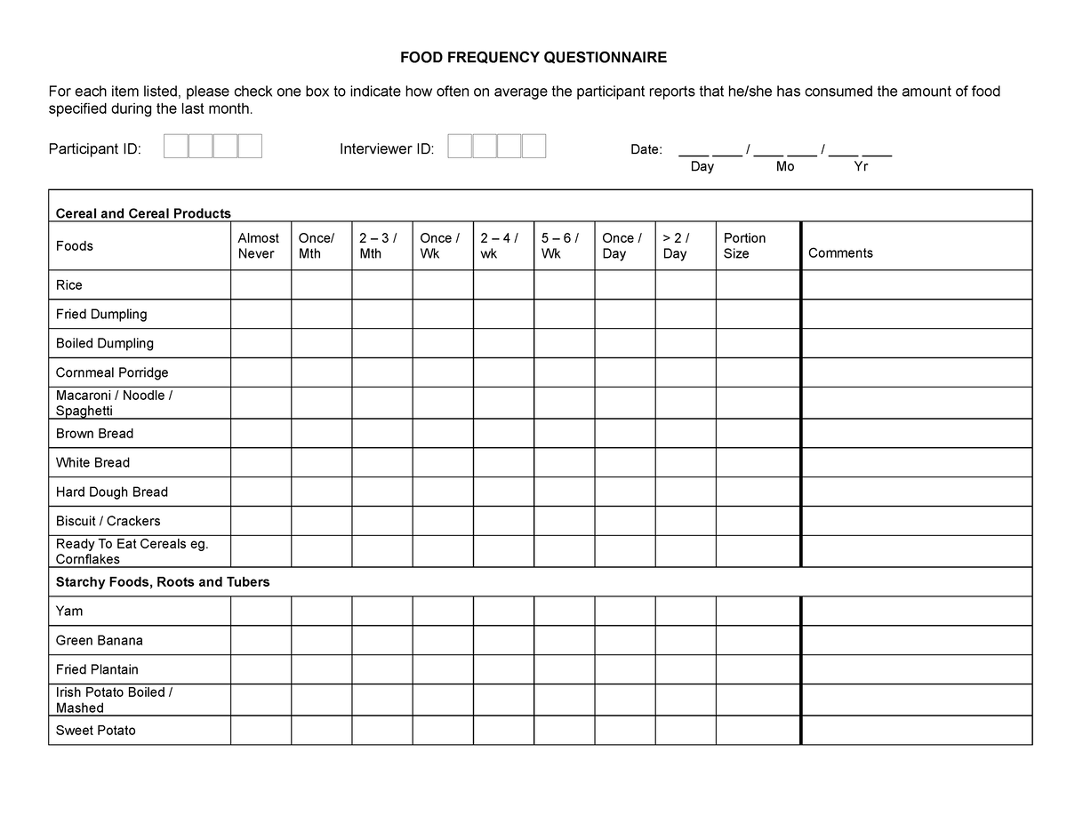 Food Frequency Questionnaire - FOOD FREQUENCY QUESTIONNAIRE For each ...