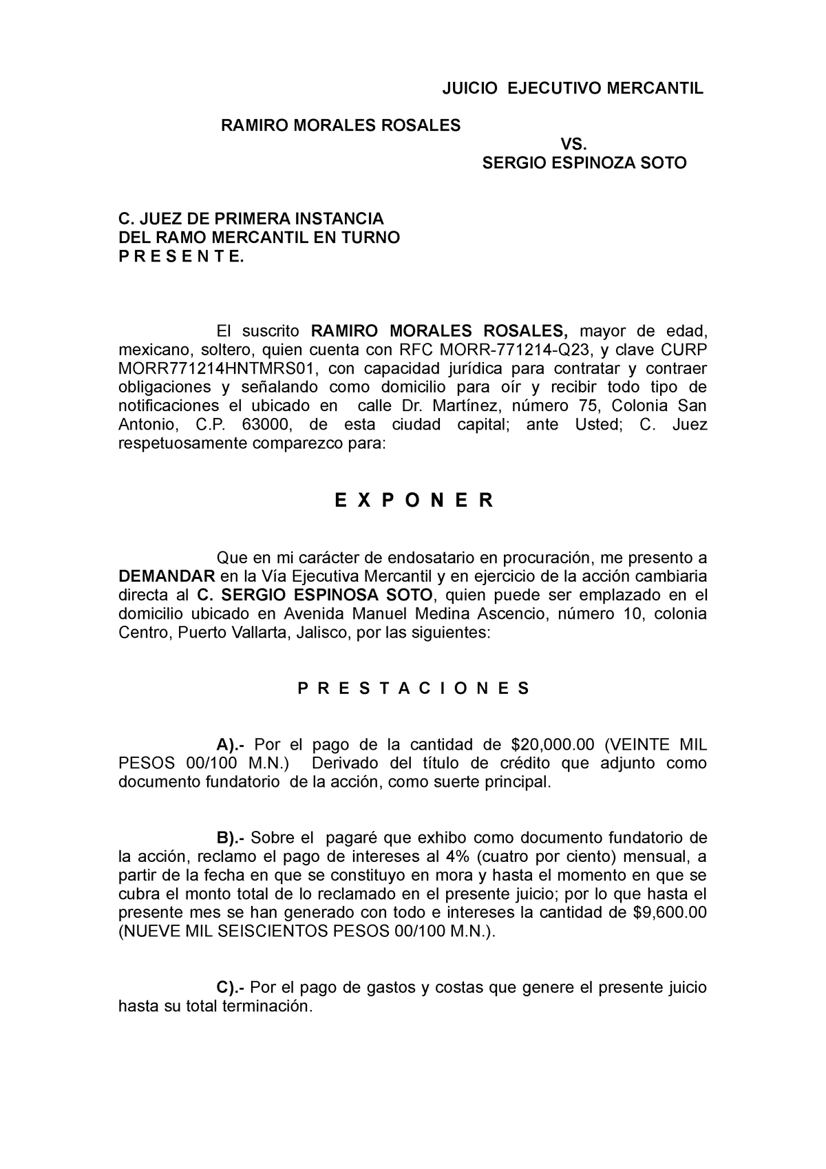 Demanda mercantil juicio ordinario mercantil pagaré - JUICIO EJECUTIVO  MERCANTIL RAMIRO MORALES - Studocu