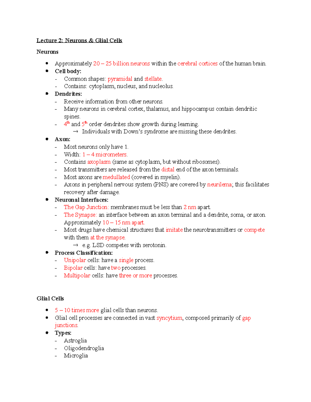 Final Exam Review Notes - Lecture 2: Neurons Glial Cells Neurons ...