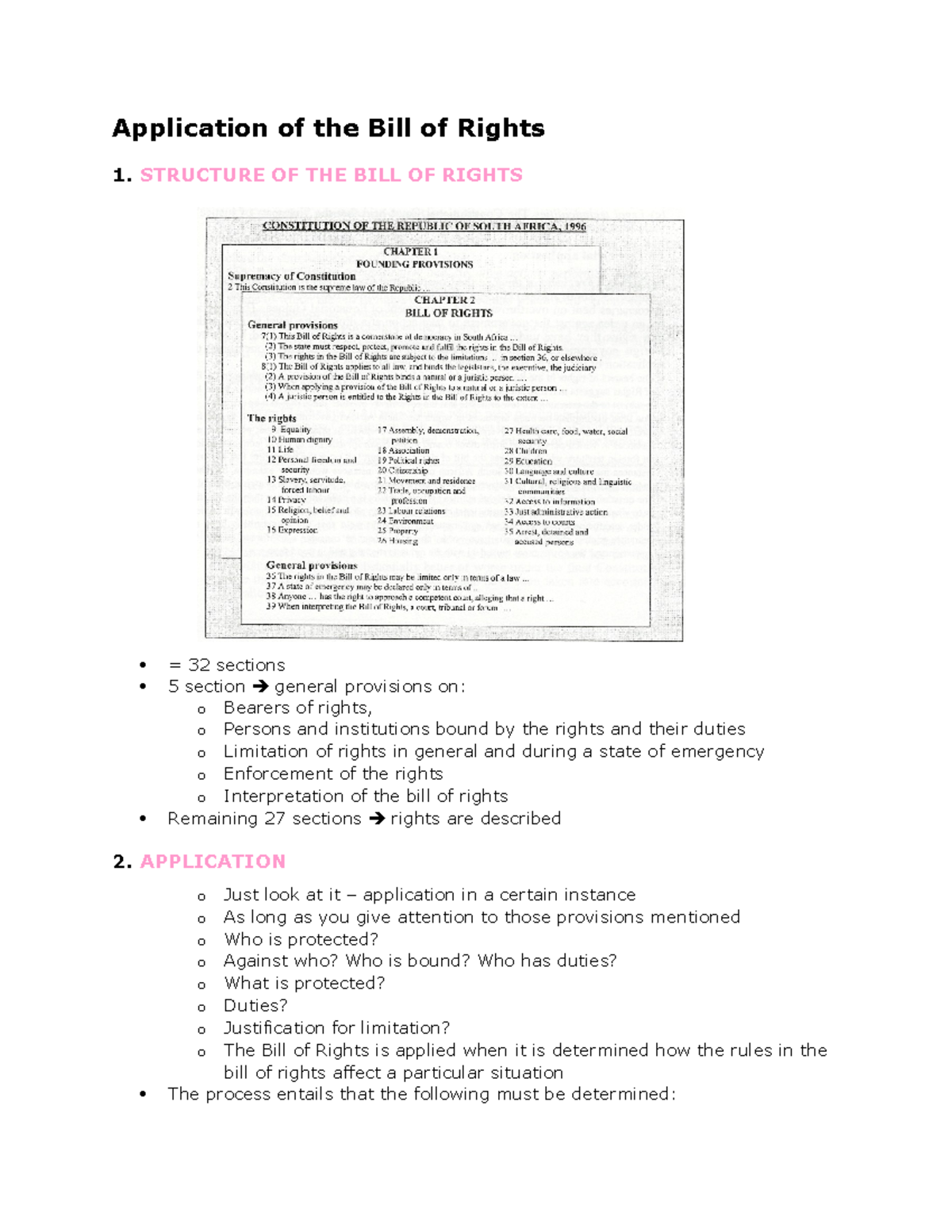 Welfare Notes - 2017-1 - Application of the Bill of Rights 1. STRUCTURE ...