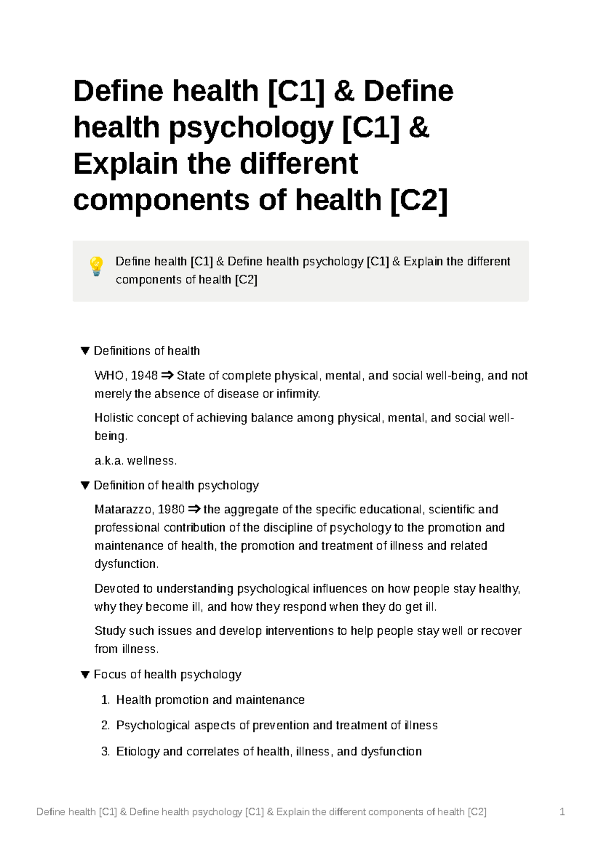 Define health C1 Define health psychology C1 Explain the different components of health C2 Studocu