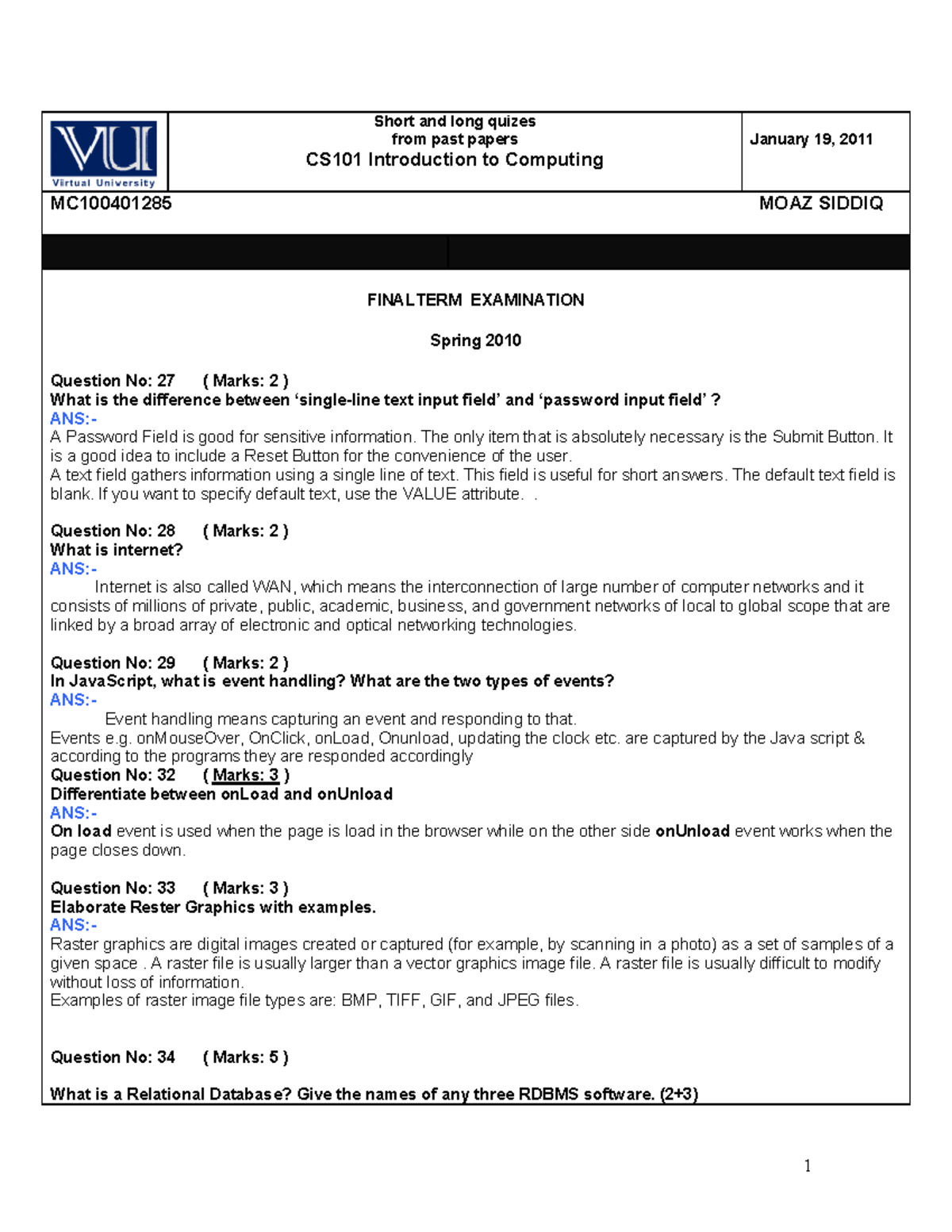 CS101 Final term Subjectives Solved With References by Moaaz vustudy ...