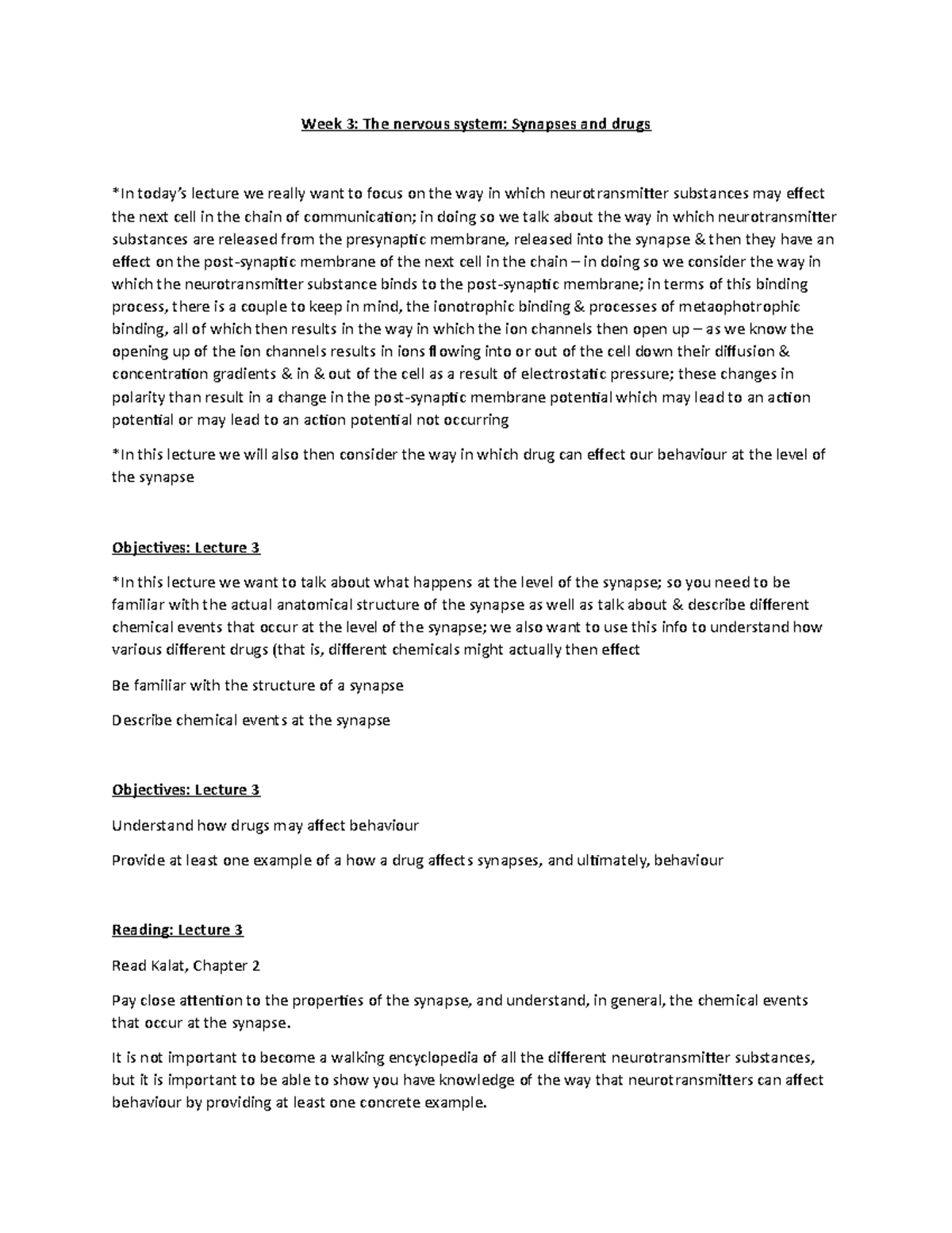 W EEK 3 LEC Notes - The nervous system: Synapses and drugs - Week 3 ...