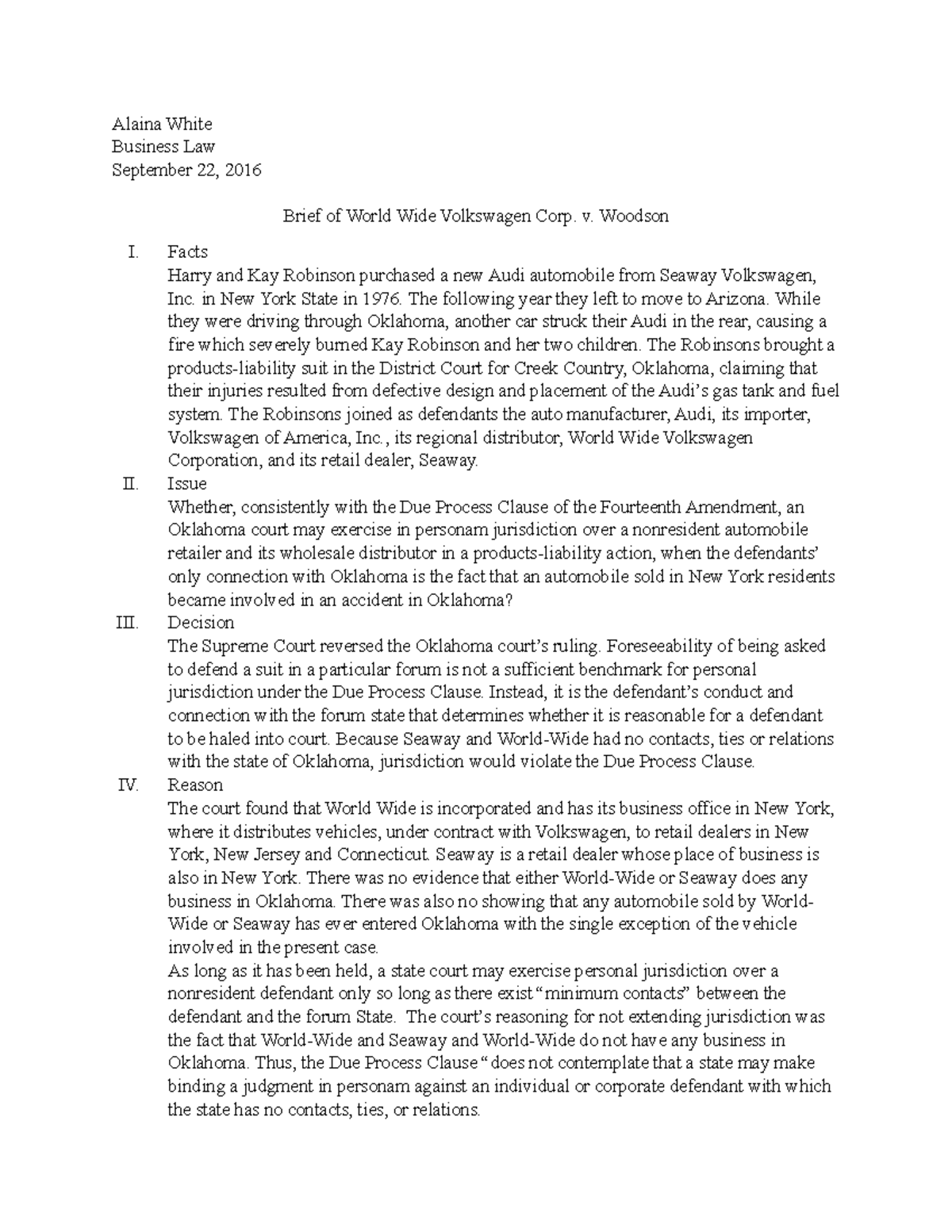 World Wide Volkswagen V Woodson Case Brief of World- Wide Volkswagen Corp. v. Woodson - StuDocu