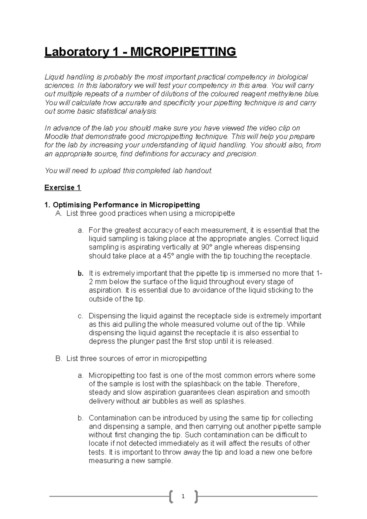 Laboratory 1 Pipetting Competency Laboratory 1 MICROPIPETTING
