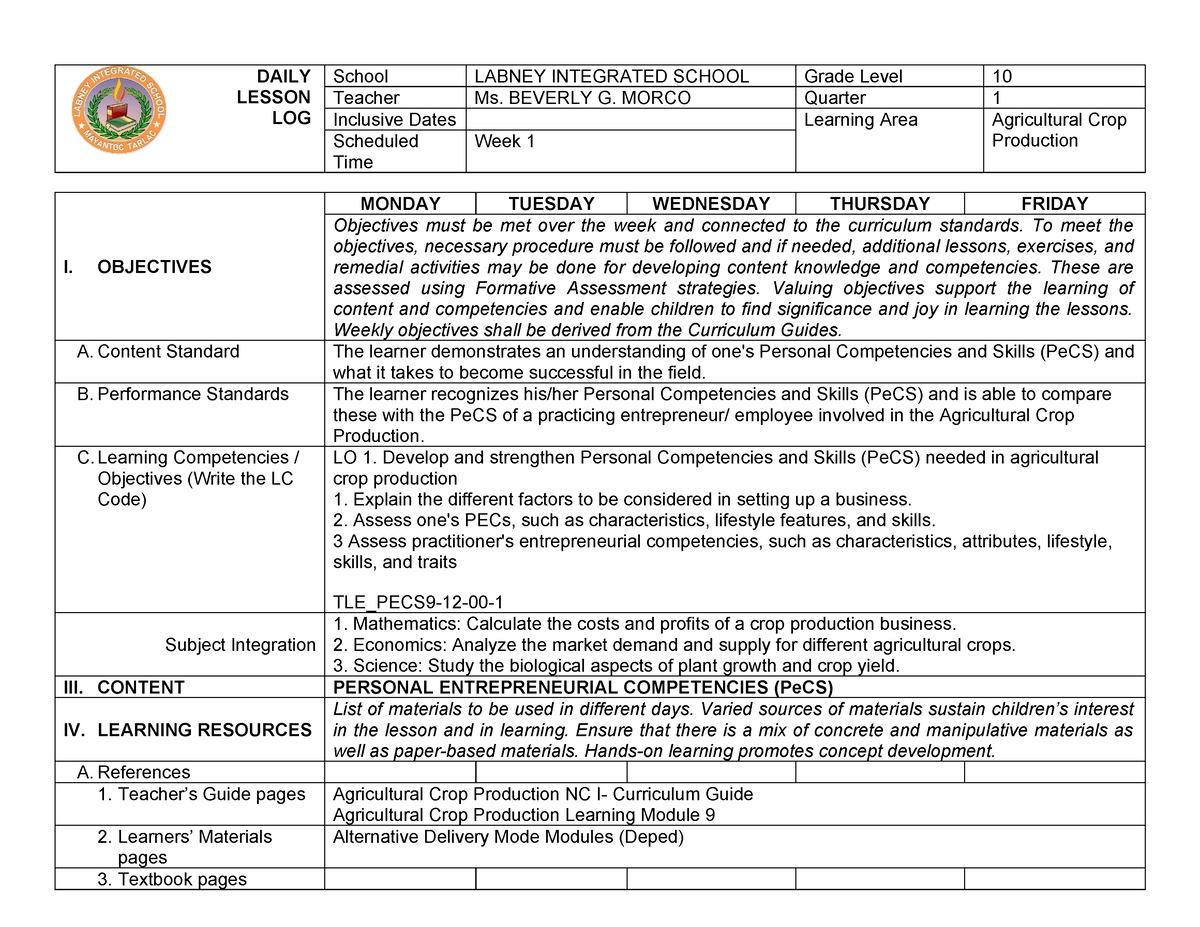 Agri Crop Production 10 Q1 DLL Week 1 - DAILY LESSON LOG School LABNEY ...