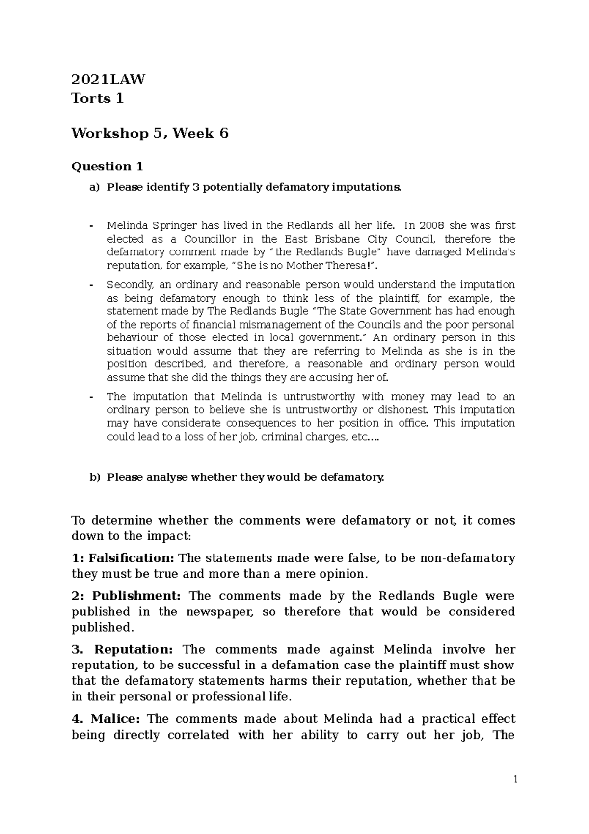 Workshop 5 Week 6 Torts 1 2021law Questions 2021law Torts 1 Workshop 5 Week 6 Question 1 A Workshop 5 Week 6 Torts 1 2021law Questions 2021law Torts 1 Workshop 5 Week 6 Question 1 A