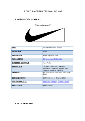 258743756 La cultura organizacional de Nike - LA CULTURA ORGANIZACIONAL DE - Studocu