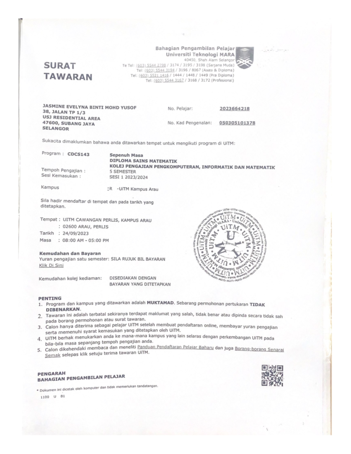 Surat - Bahagian Pengambilan Pelajar Universiti Teknologi MARA 40450 ...