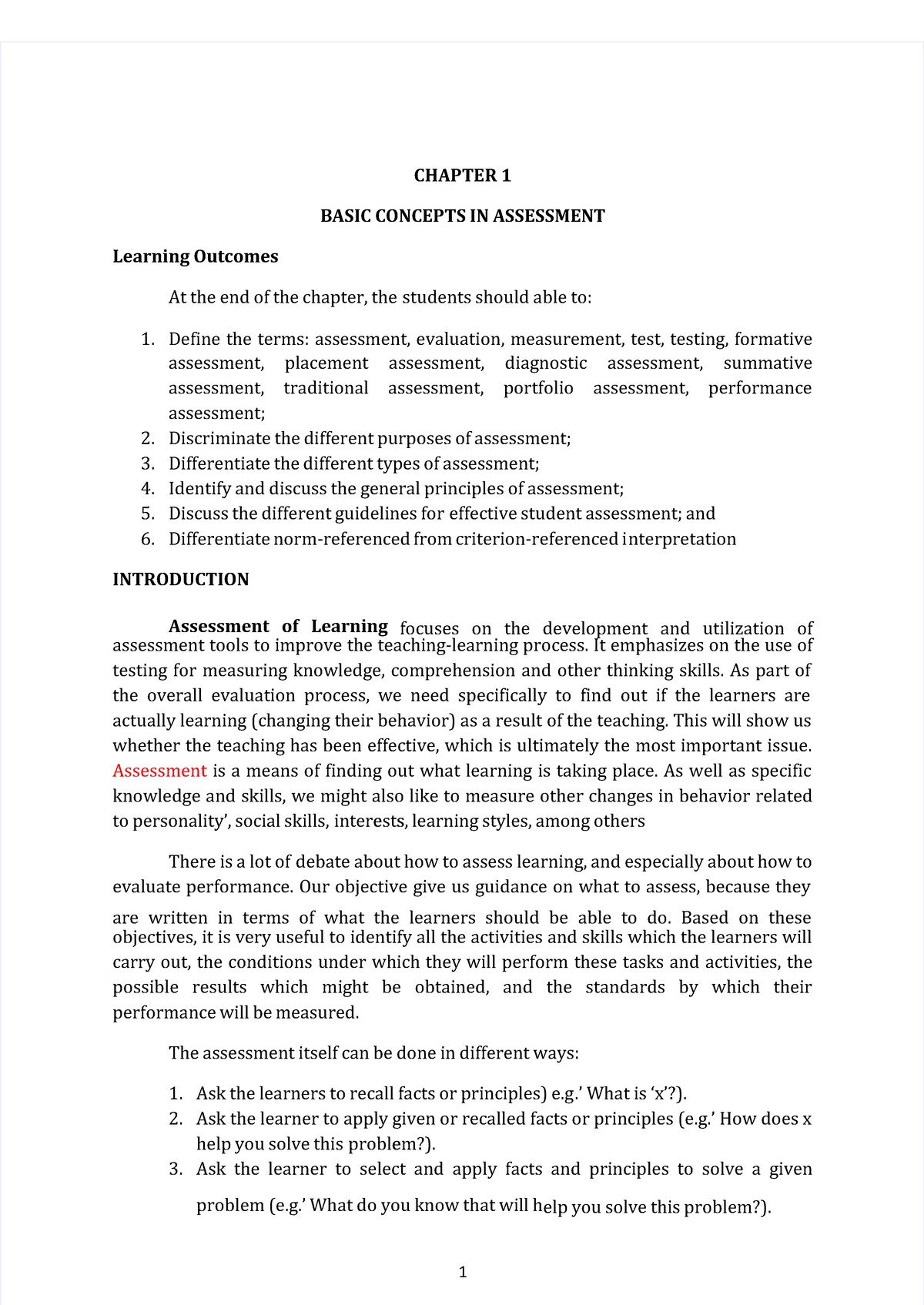 Assessment in Learning 1 extra notes - CHAPTER 1CHAPTER 1 BASIC ...