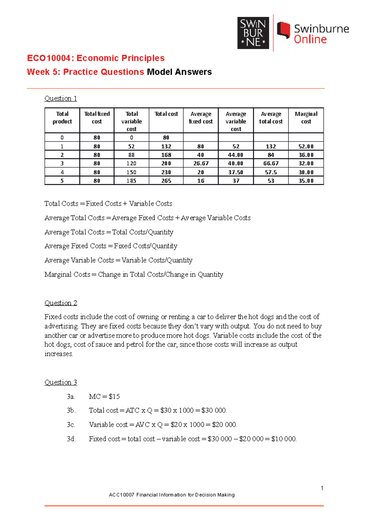 ECO10004 Practice Questions Model Answers Week5 - ECO10004: Economic ...