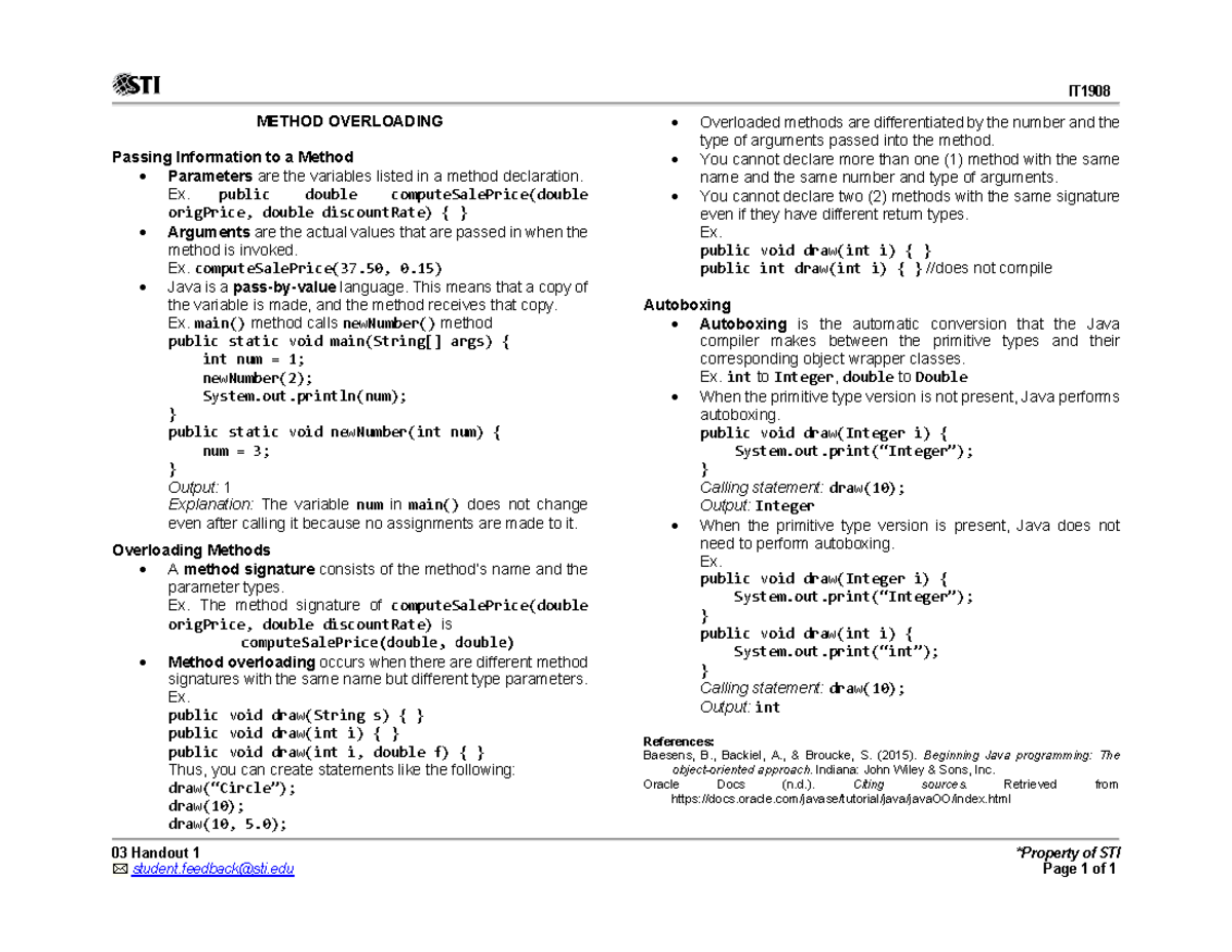 OOP Method Overloading - IT 03 Handout 1 *Property of STI student@sti ...