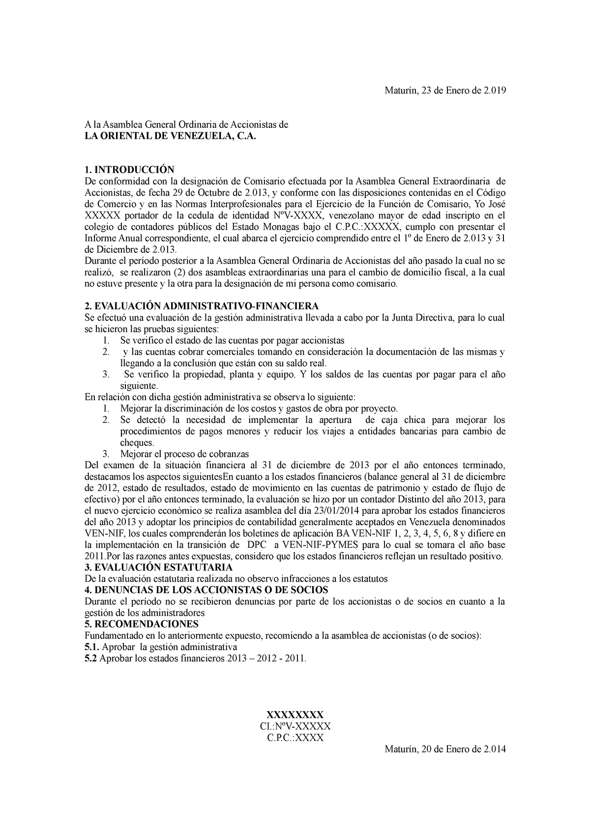 Informe Y Carta DE Representacion Comisario 1 - Maturín, 23 de Enero de 2.  A la Asamblea General - Studocu