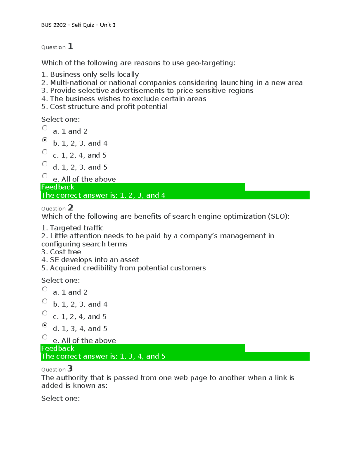 BUS 2202 – Self Quiz – Unit 3 - BUS 2202 – Self Quiz – Unit 3 Question ...