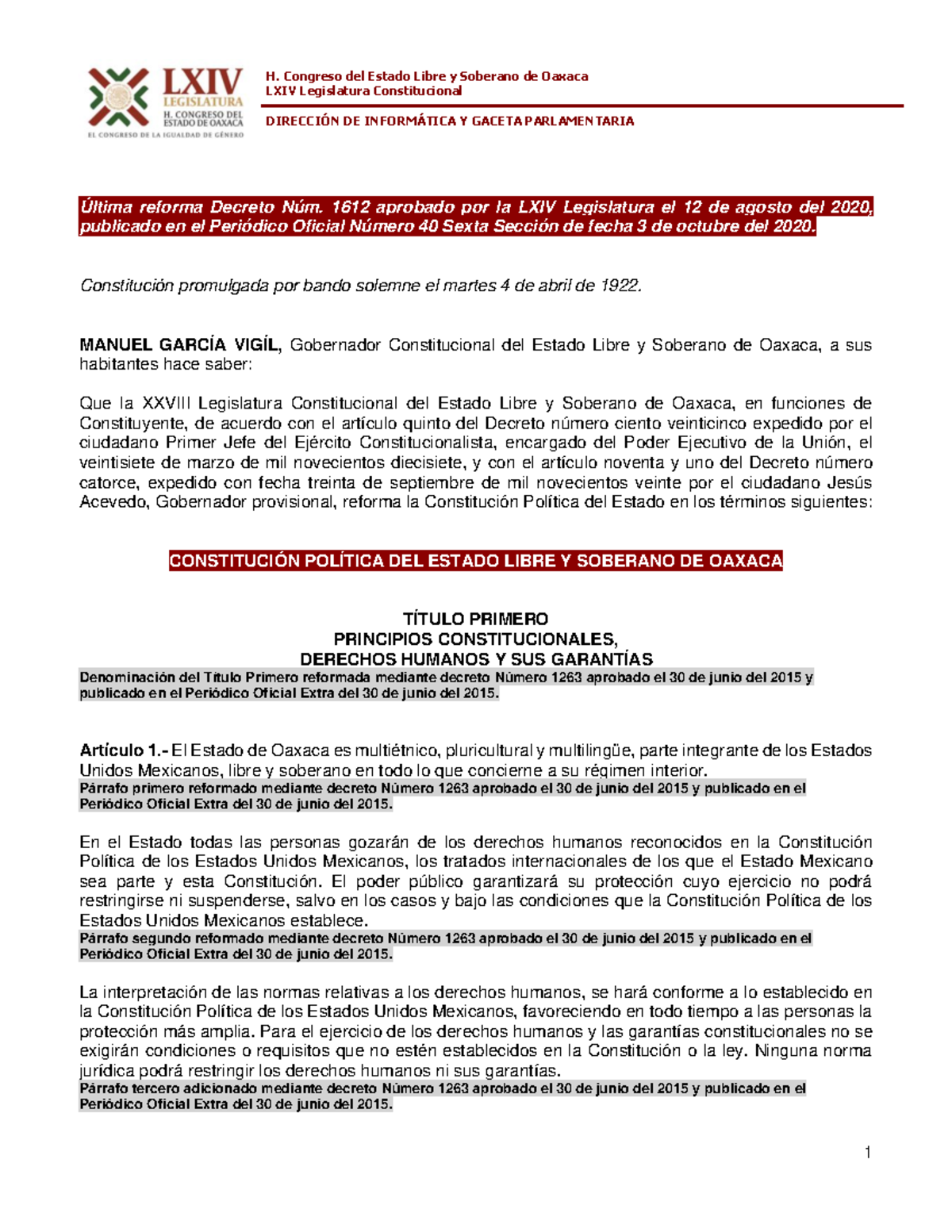 Constitucion Politica del Estado Libre y Soberano de Oaxaca - LXIV ...