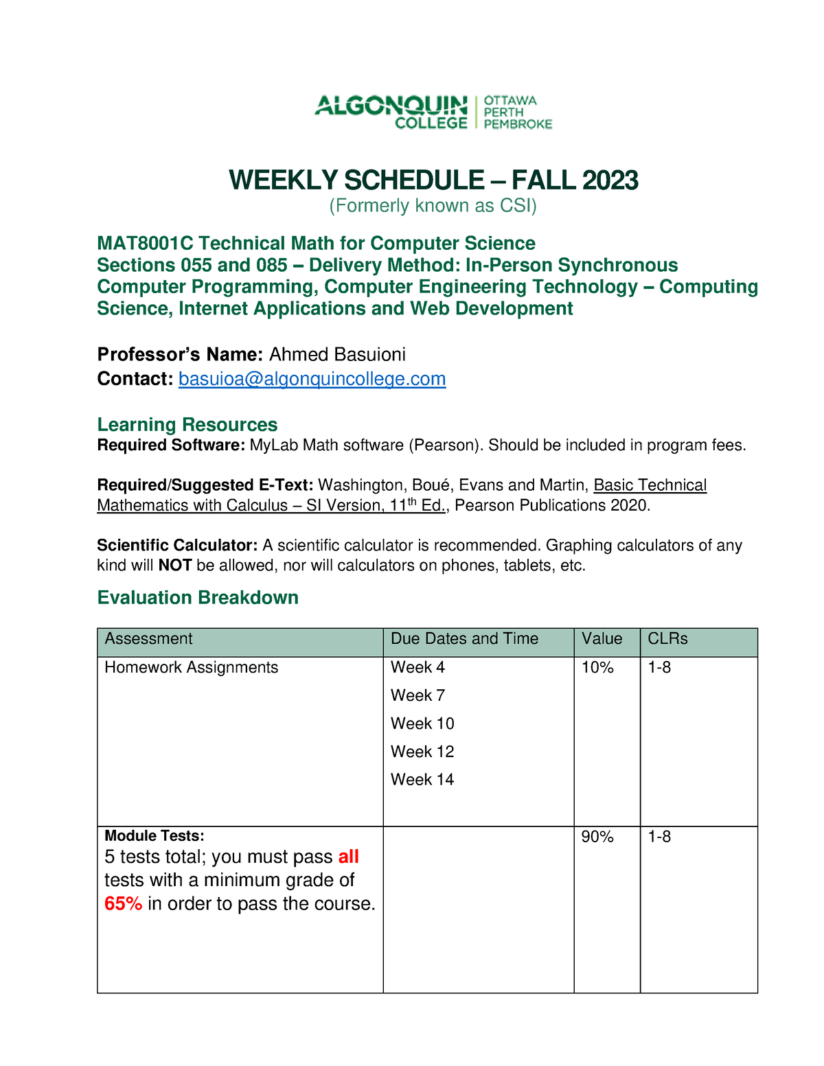 MAT8001C CSI F2023 jhh WEEKLY SCHEDULE FALL 2023 (Formerly known