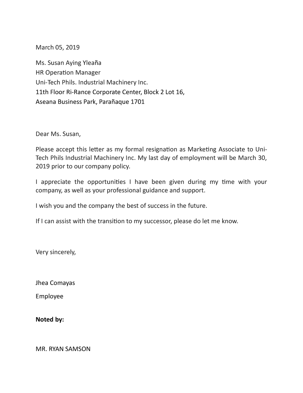 Resignation Letter for Company fo future references - March 05, 2019 Ms ...