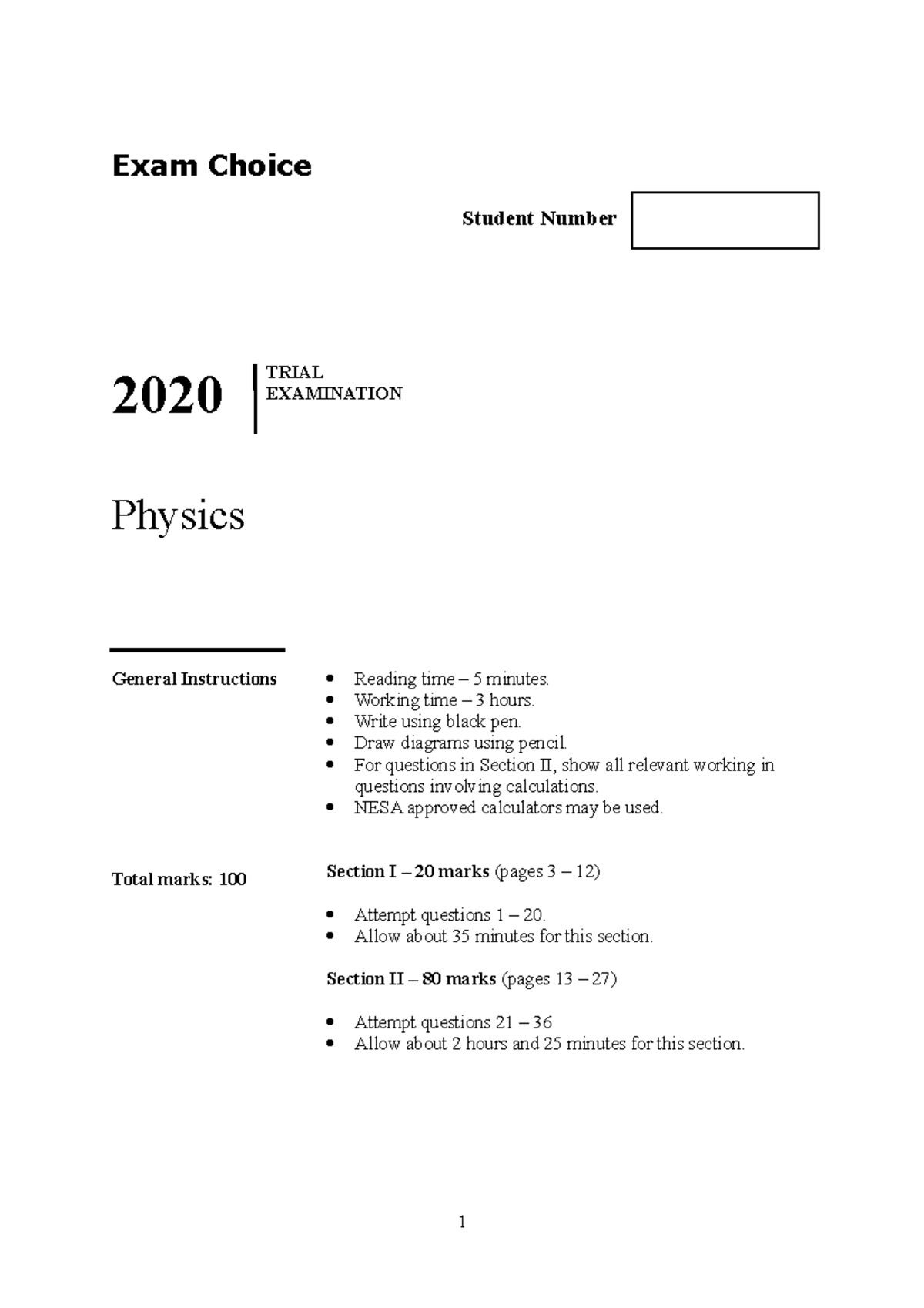 2020 Exam Choice Physics - Exam Choice Student Number 2020 TRIAL ...