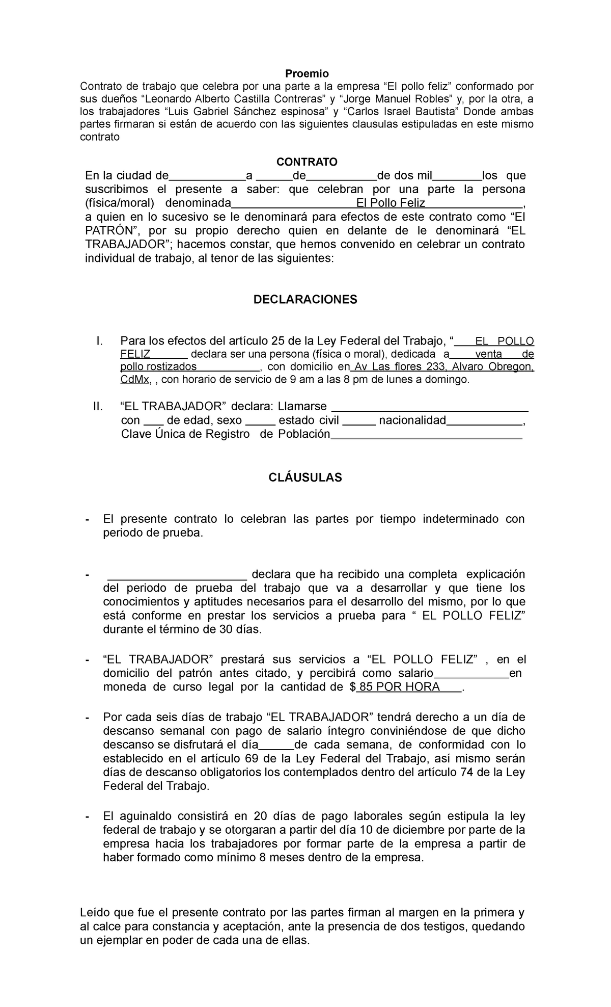 Trato 1 Proemio Contrato De Trabajo Que Celebra Por Una Parte A La Empresa “el Pollo Feliz 9875