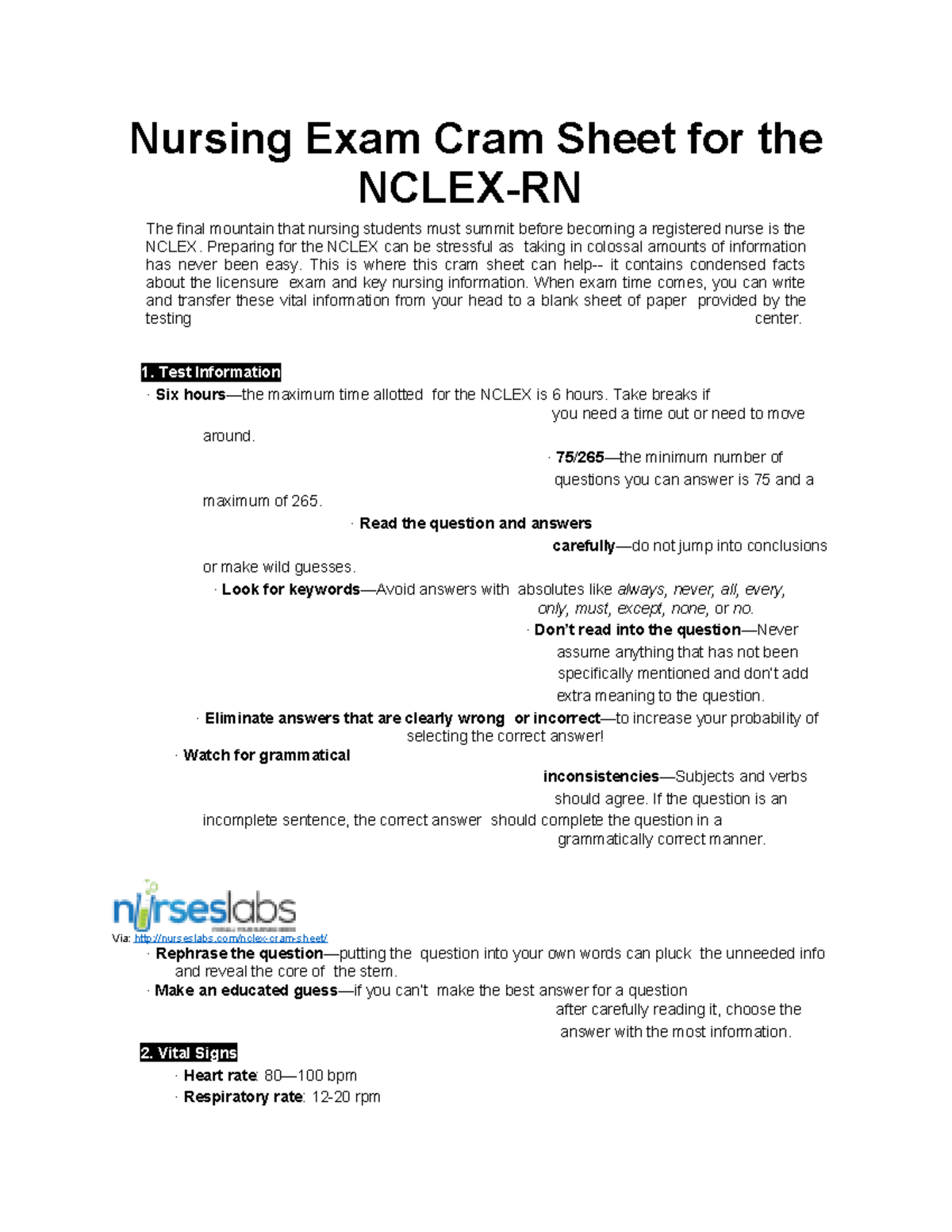 Nclex Cram Sheet - N/a - Nursing Exam Cram Sheet For The NCLEX-RN The ...